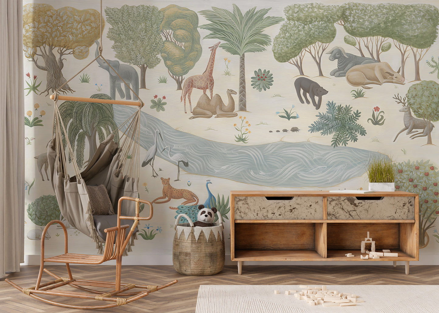 Room wallpaper featuring jungle wildlife and greenery