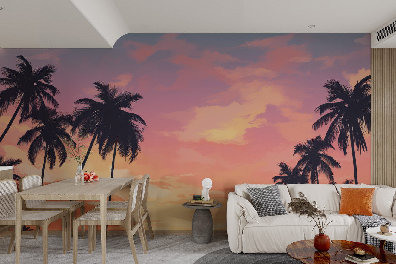 Tropical sunset palm tree wallpaper mural
