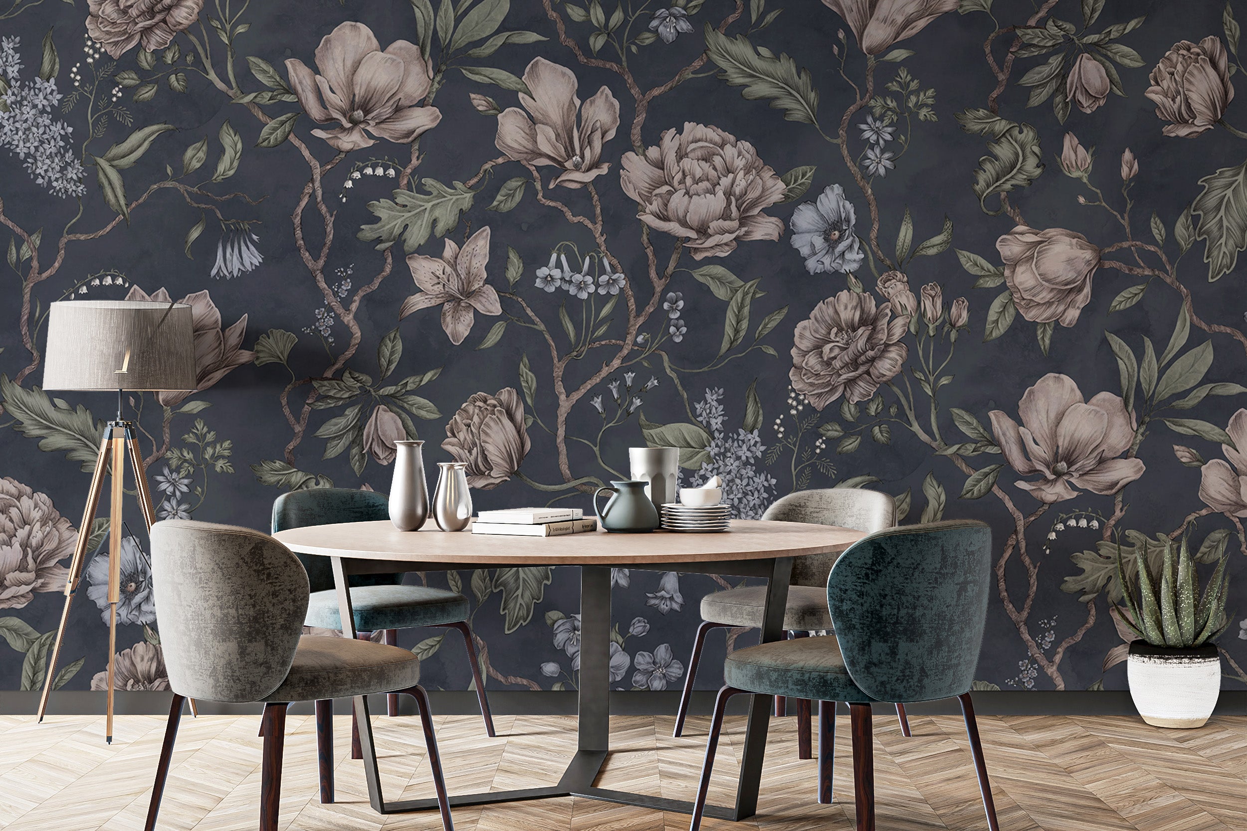 Stylish dark blue chinoiserie wall mural for classic rooms
