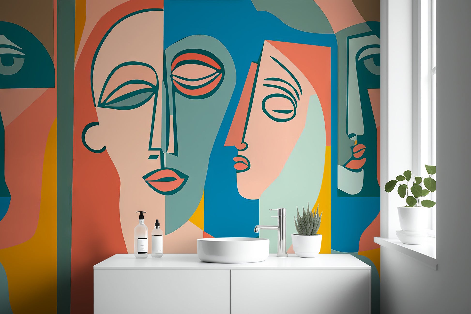 Creative mural showcasing expressive, colorful face art
