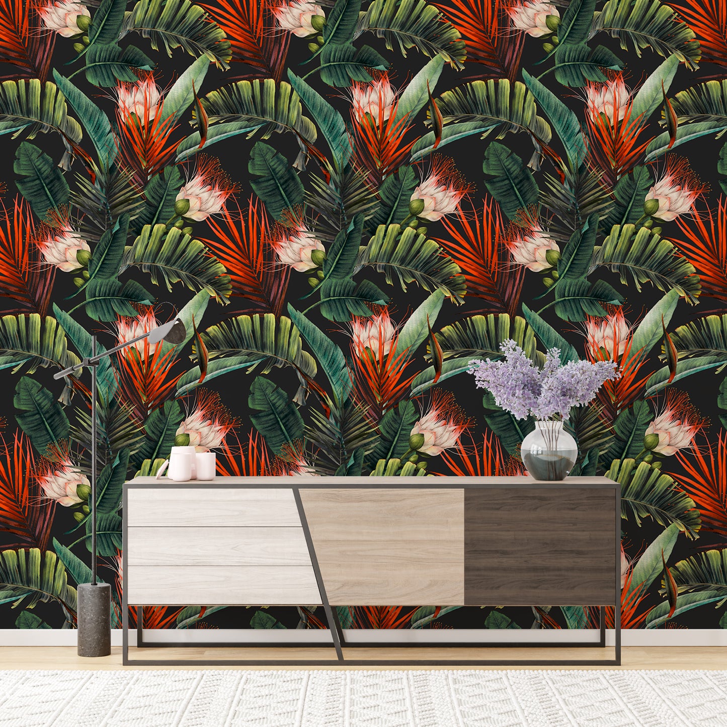 Floral Pattern Tropical Leaves Dark Background Wallpaper