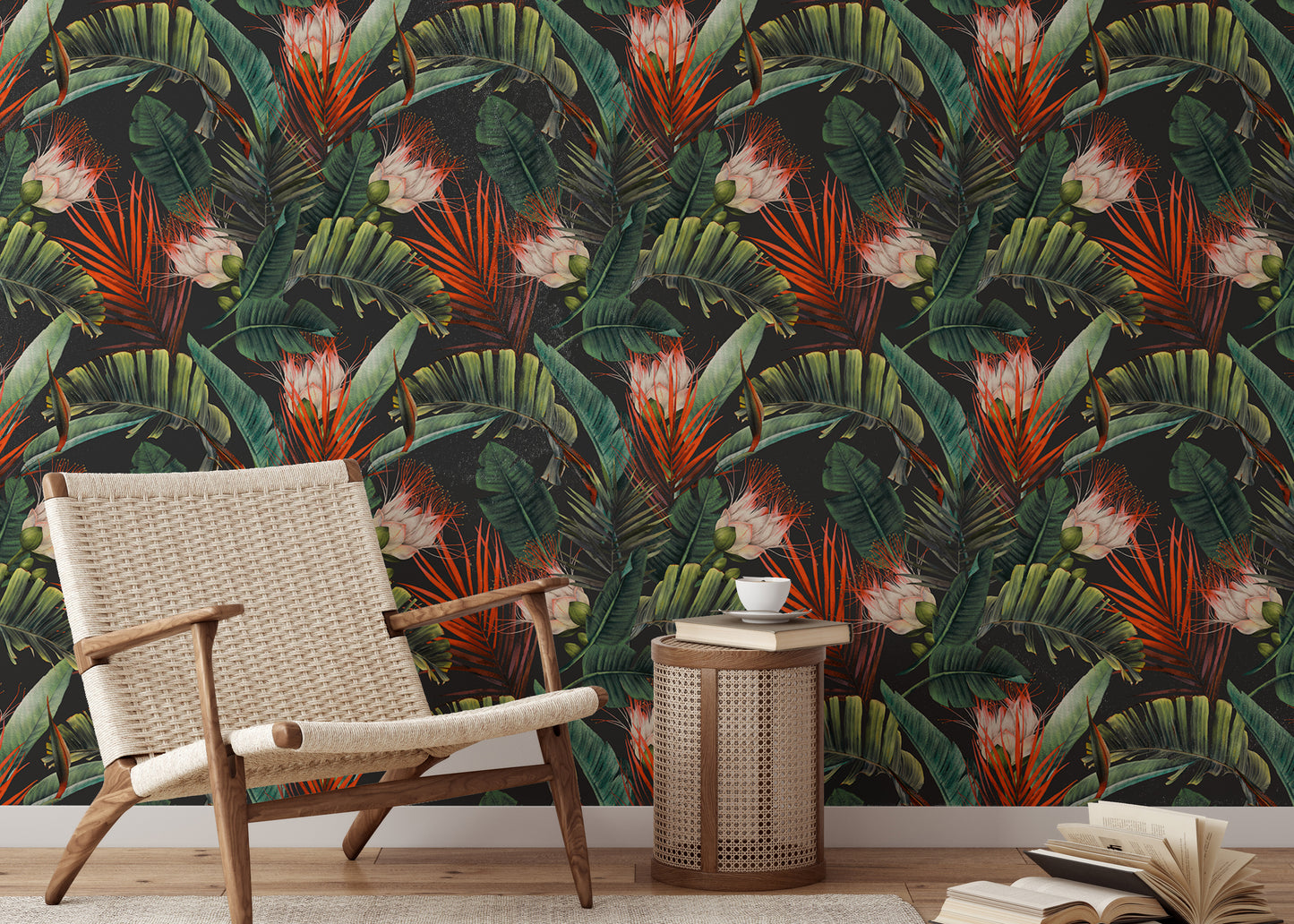 Floral Pattern Tropical Leaves Dark Background Wallpaper