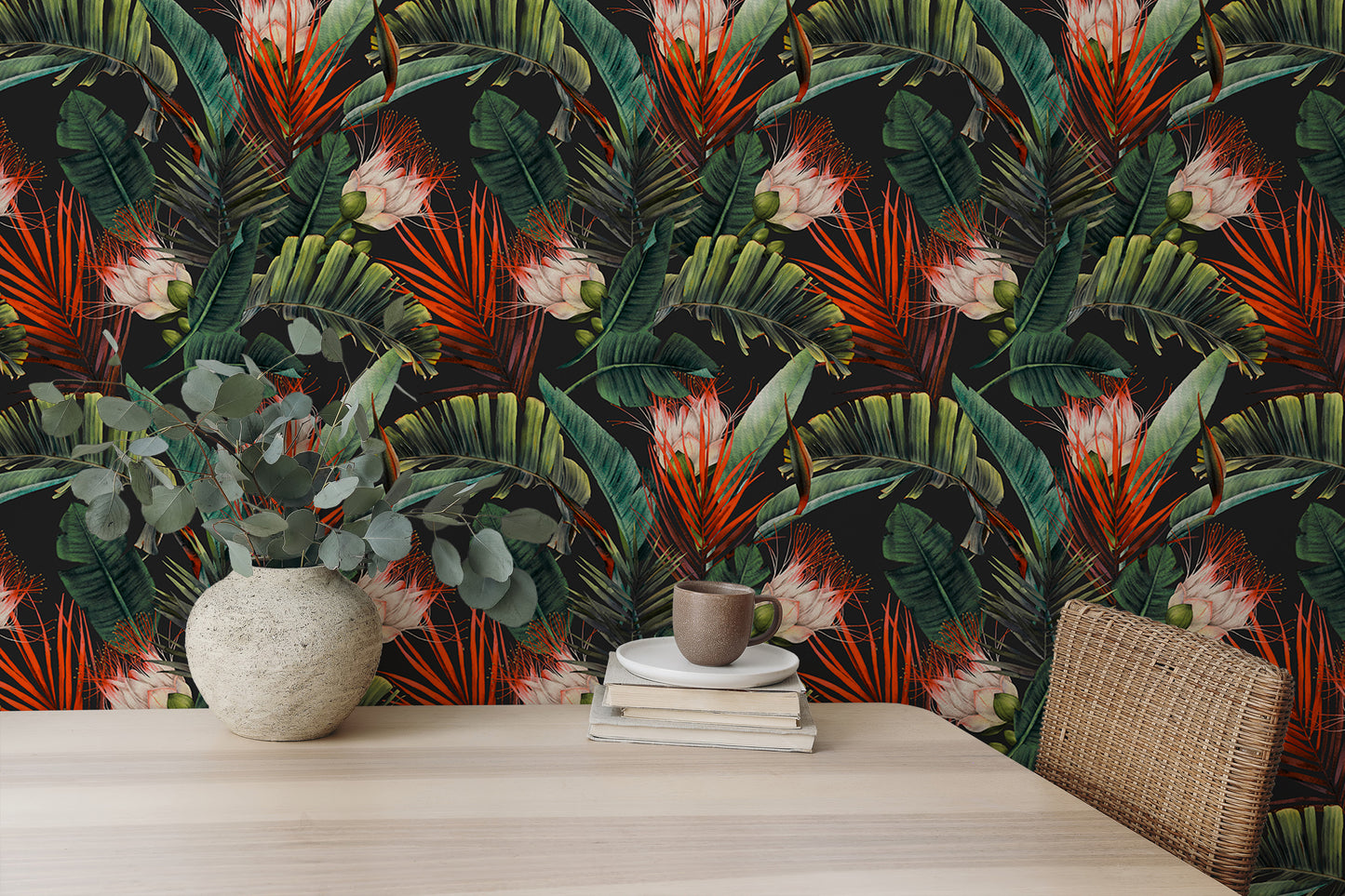 Floral Pattern Tropical Leaves Dark Background Wallpaper