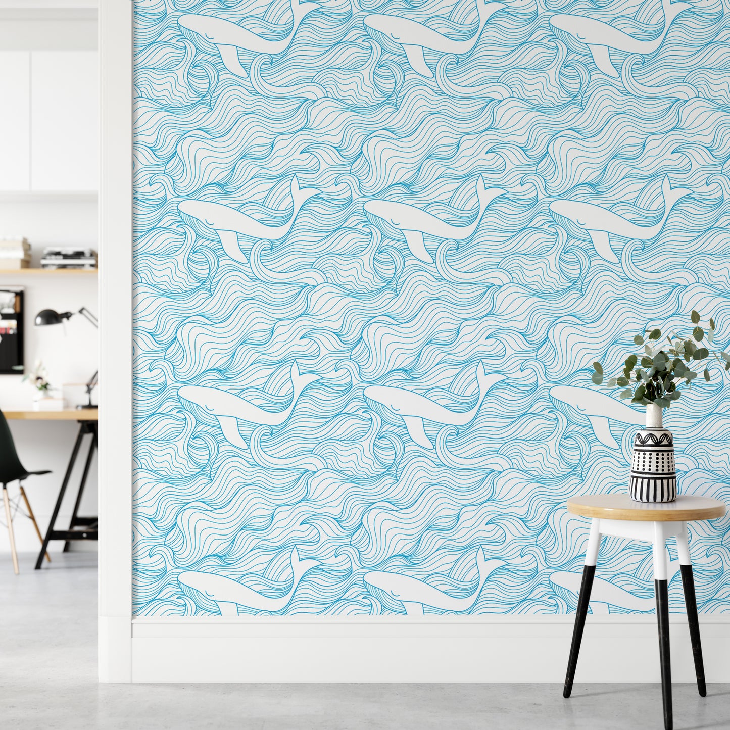 Light Blue Pattern Stormy Waves and Whales Wallpaper