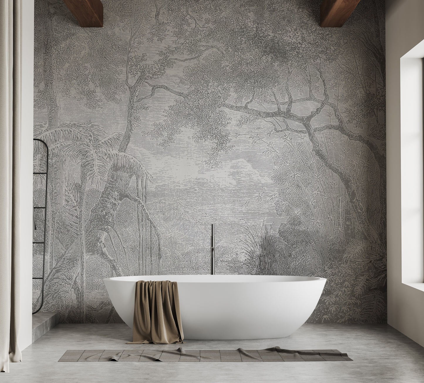 Serene Grey Nature Forest Sketch Mural for Interiors