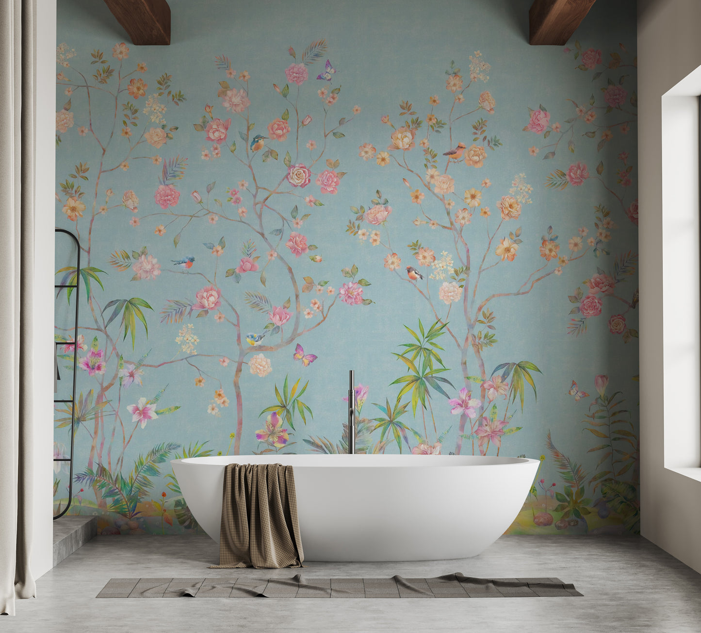 Artistic blue chinoiserie mural for spaces
