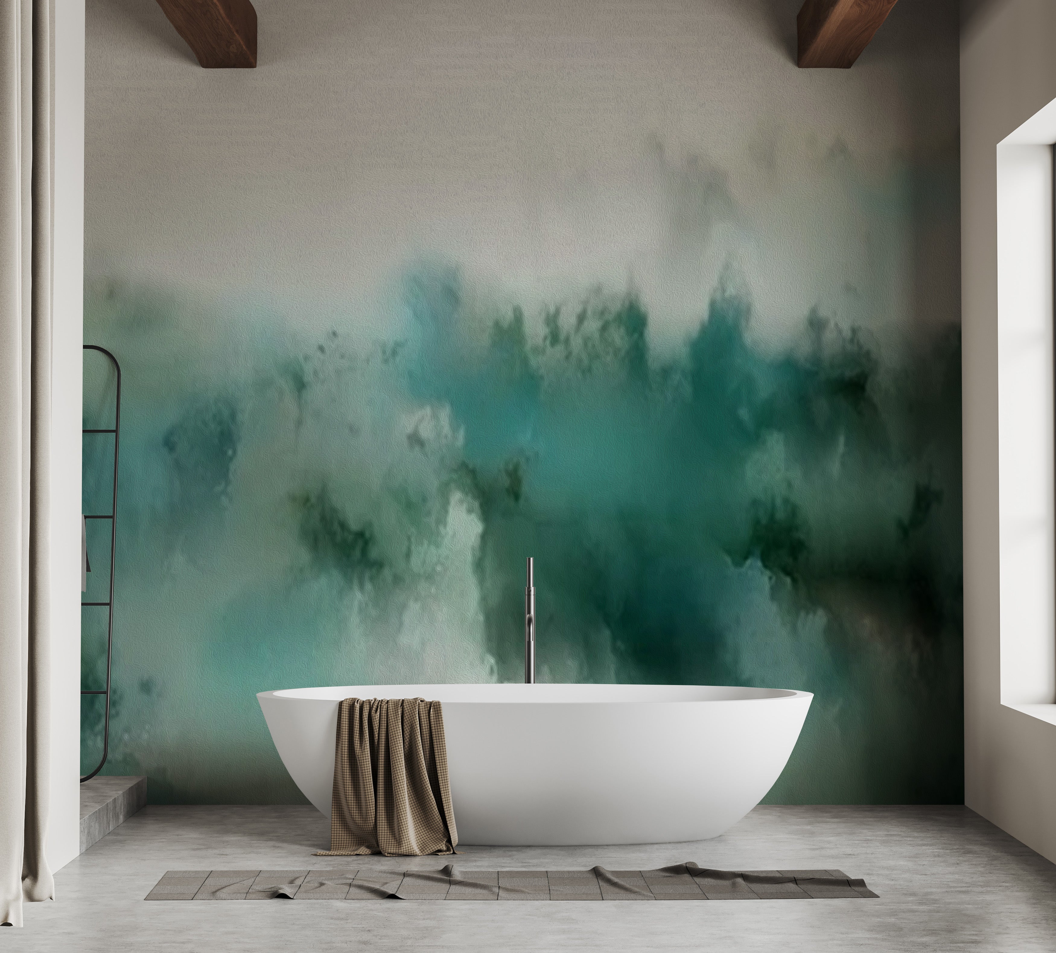 Chic turquoise mural with bold brushstroke patterns
