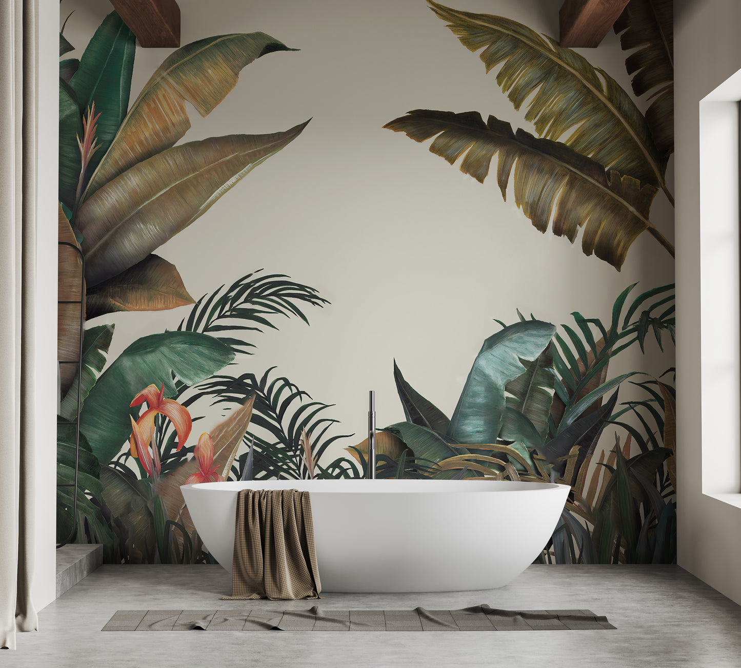 Tropical paradise mural with artistic flair.
