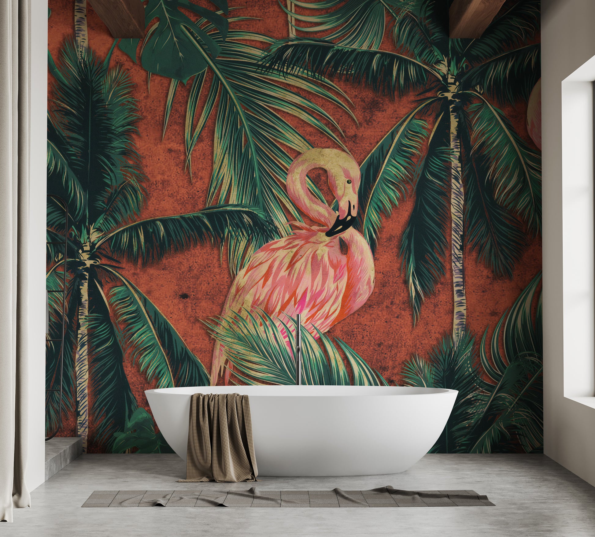 Sophisticated flamingo in a forest mural.



