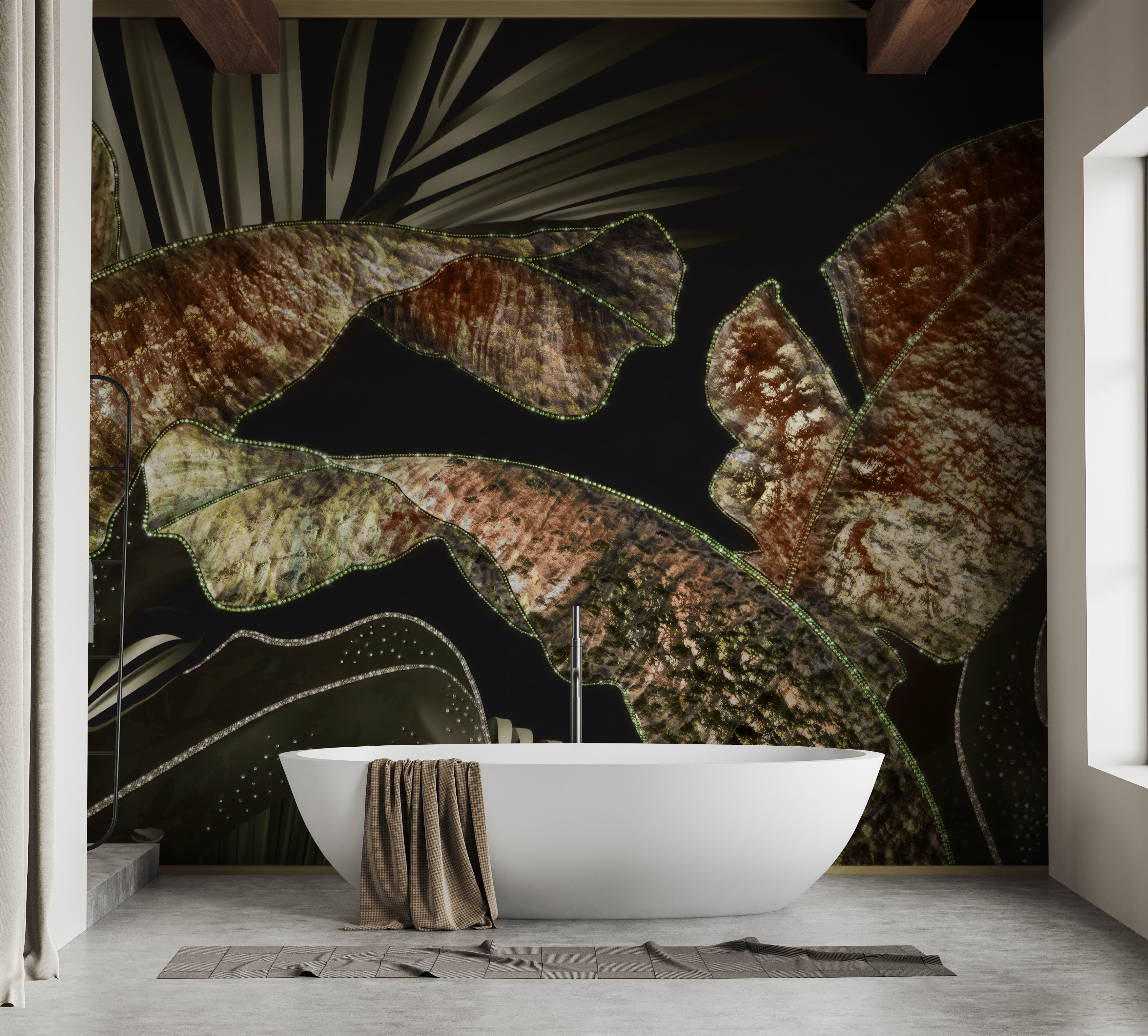 Tropical leaf pattern mural in gold tones
