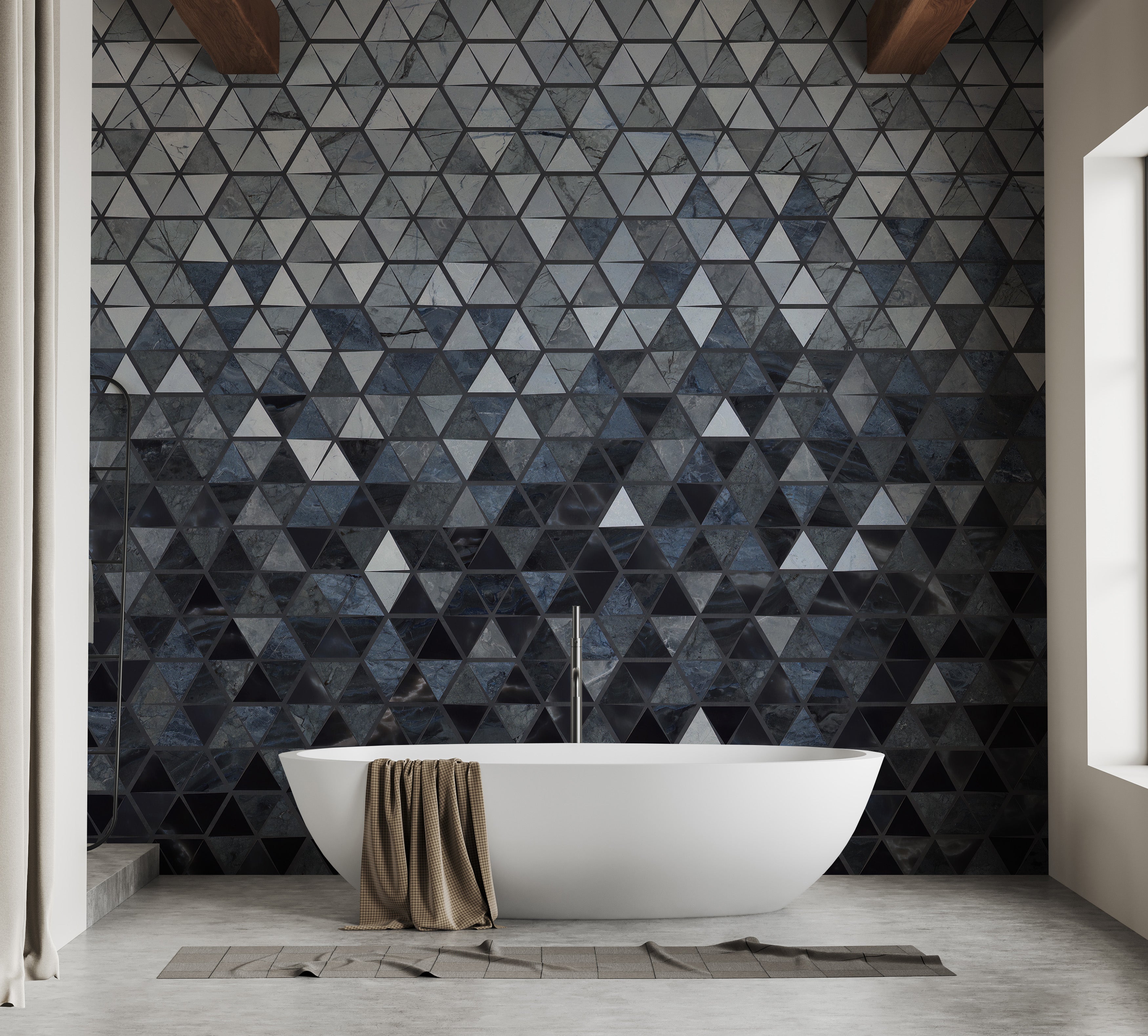 Dynamic blue geometric triangle wall art.
