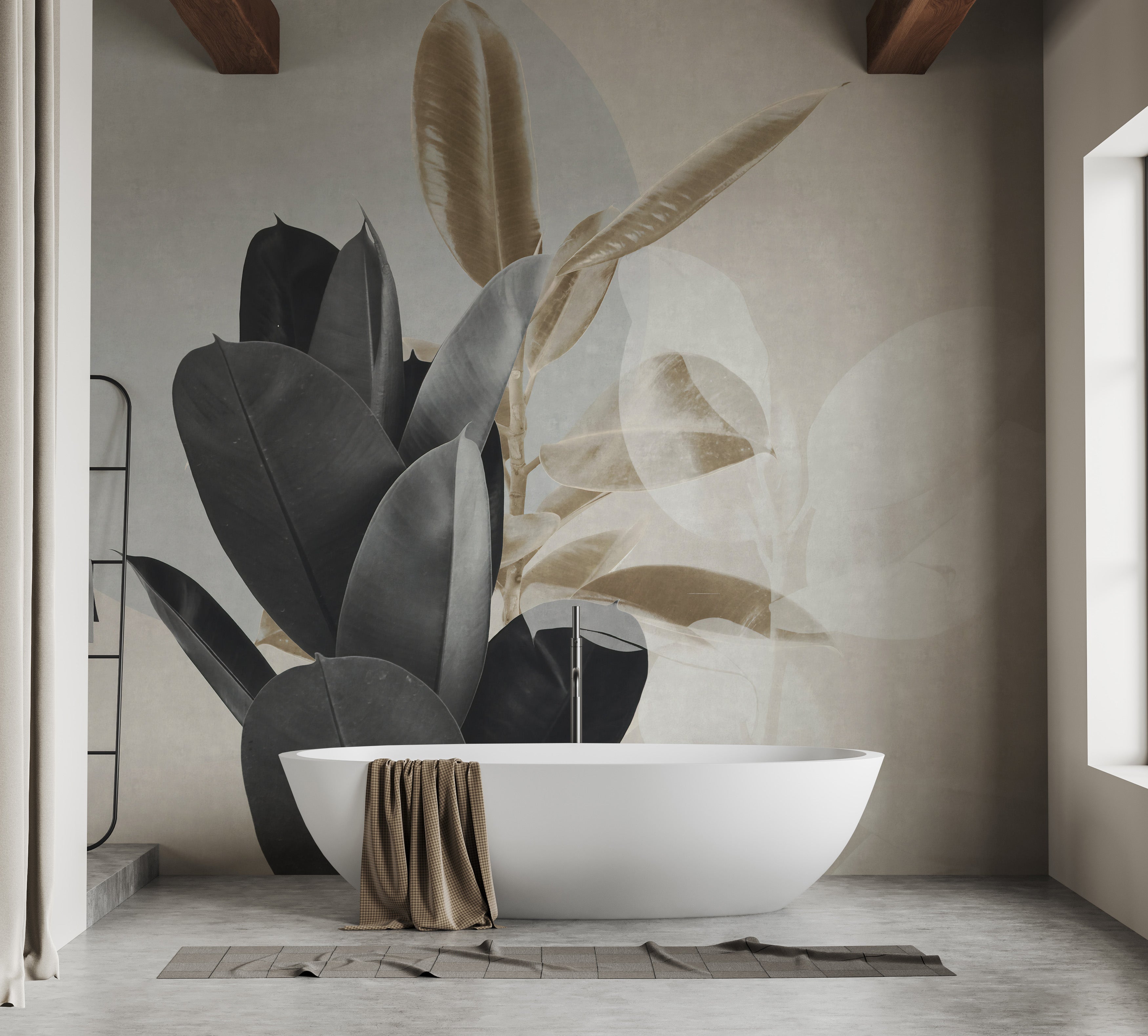 Sophisticated abstract leaf mural in neutrals.
