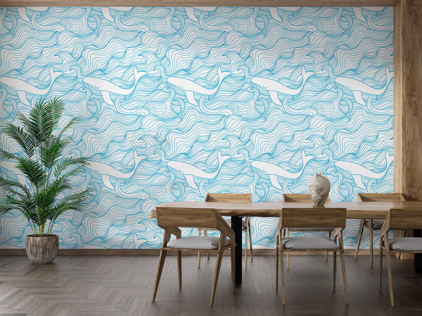 Light Blue Pattern Stormy Waves and Whales Wallpaper