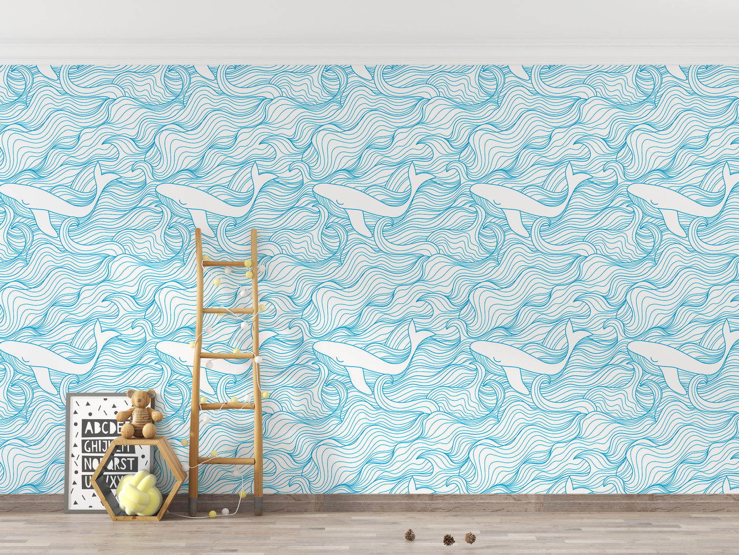 Light Blue Pattern Stormy Waves and Whales Wallpaper