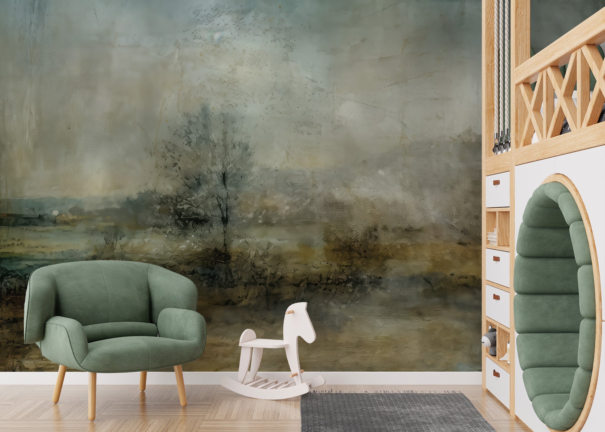 Dreamy foggy green forest mural for tranquil room vibes
