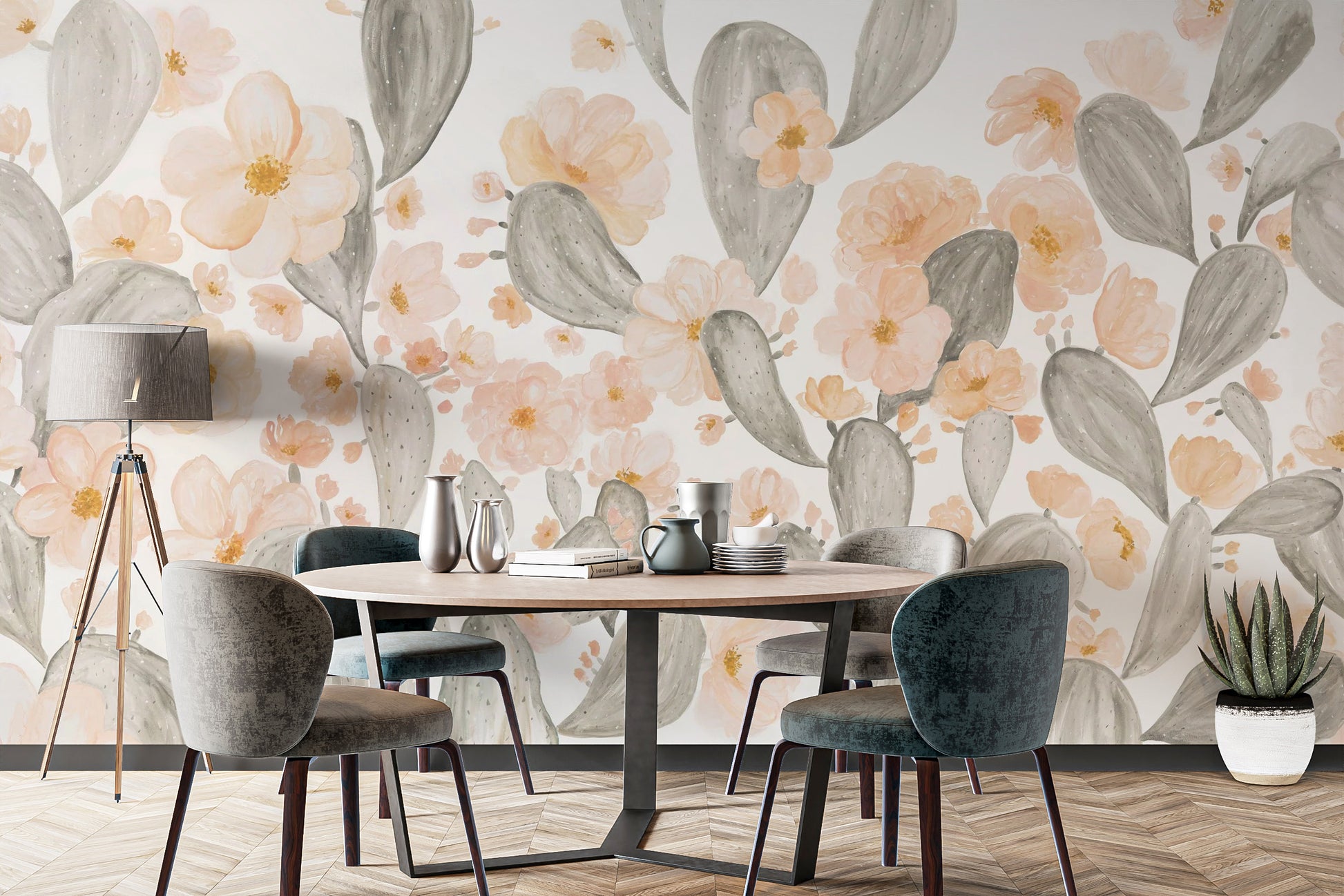 Beautiful cactus flower mural in soft pink hues for decor
