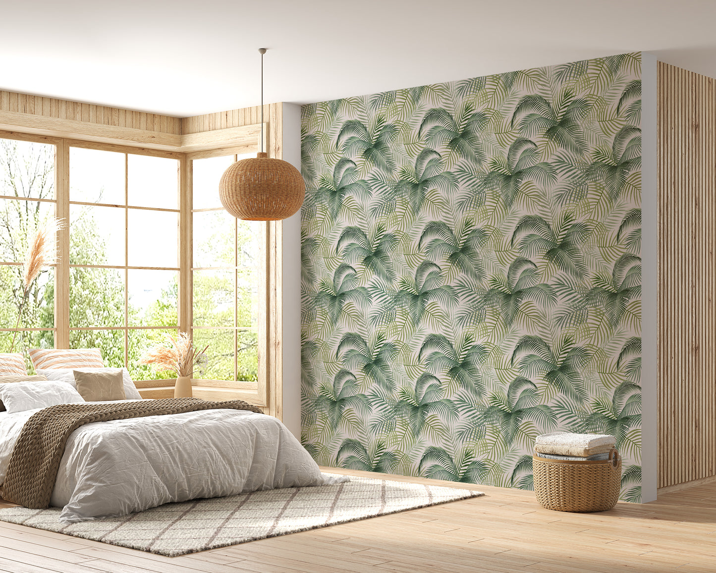 Green Color Palm Leaves Repeat Pattern Wallpaper