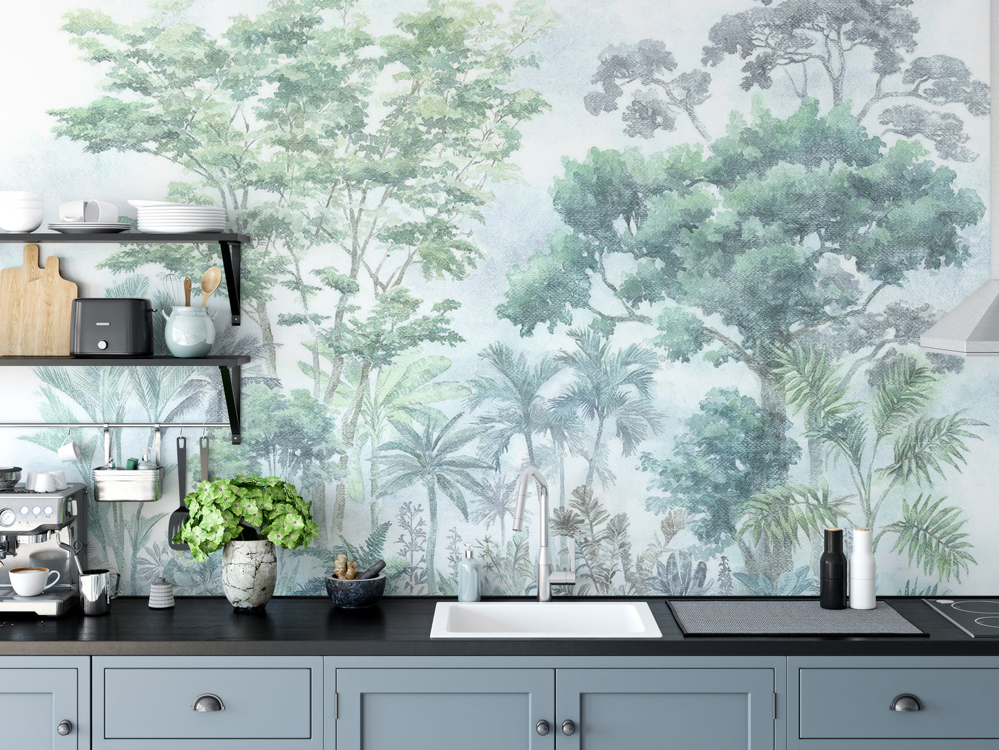 Scenic green jungle wallpaper for a dynamic room design
