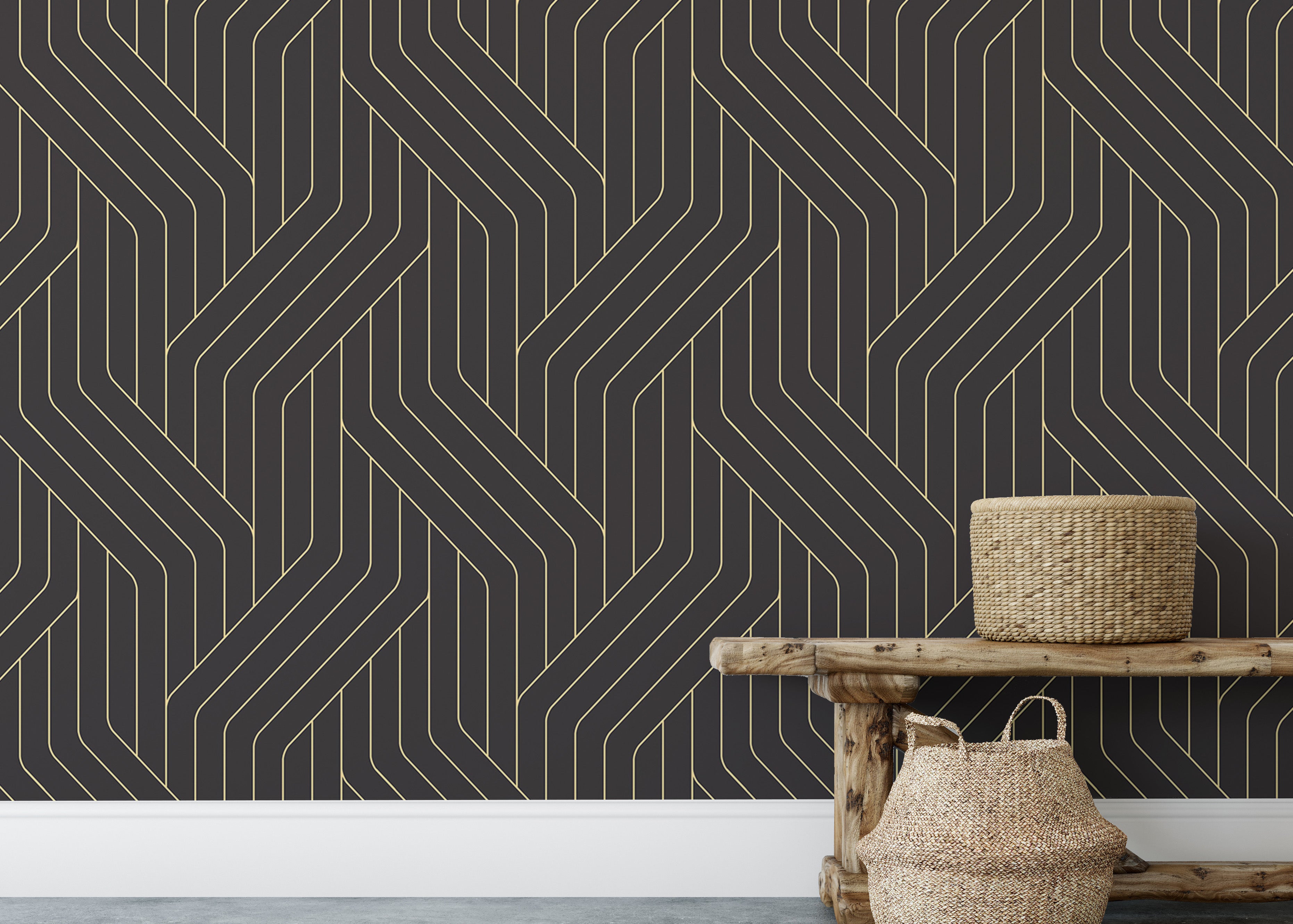 Rounded black and gold Deco line wall patterns.