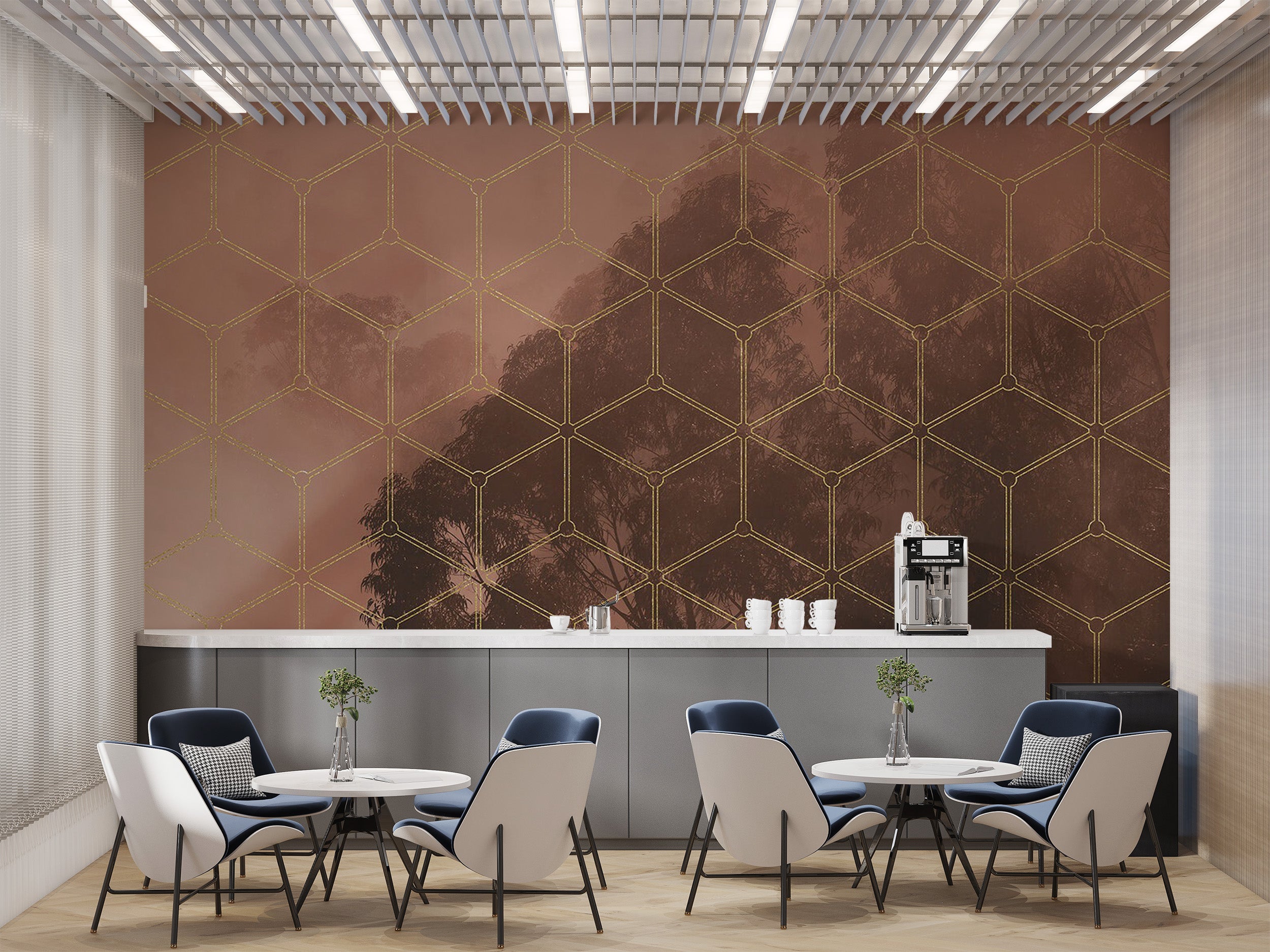 Luxurious golden geometric forest wallpaper for decor
