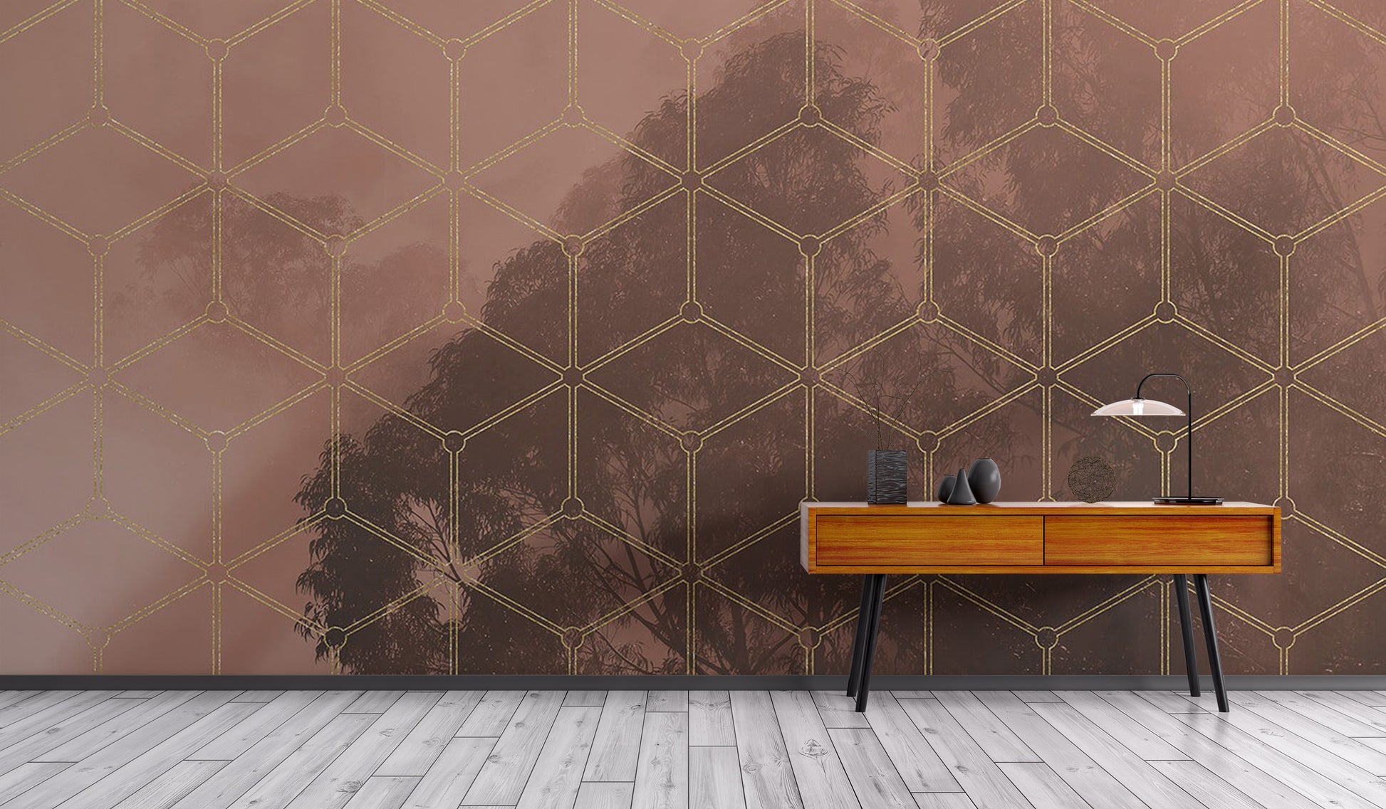 Stylish golden geometric forest wall mural for a chic vibe
