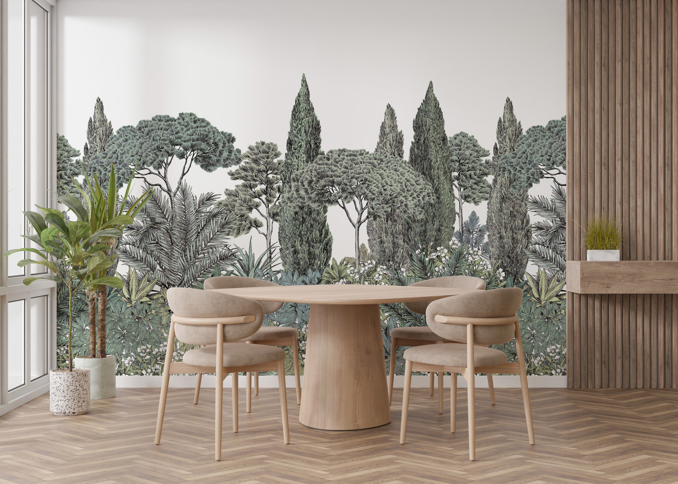 Exotic greenery mural with tropical jungle vibes