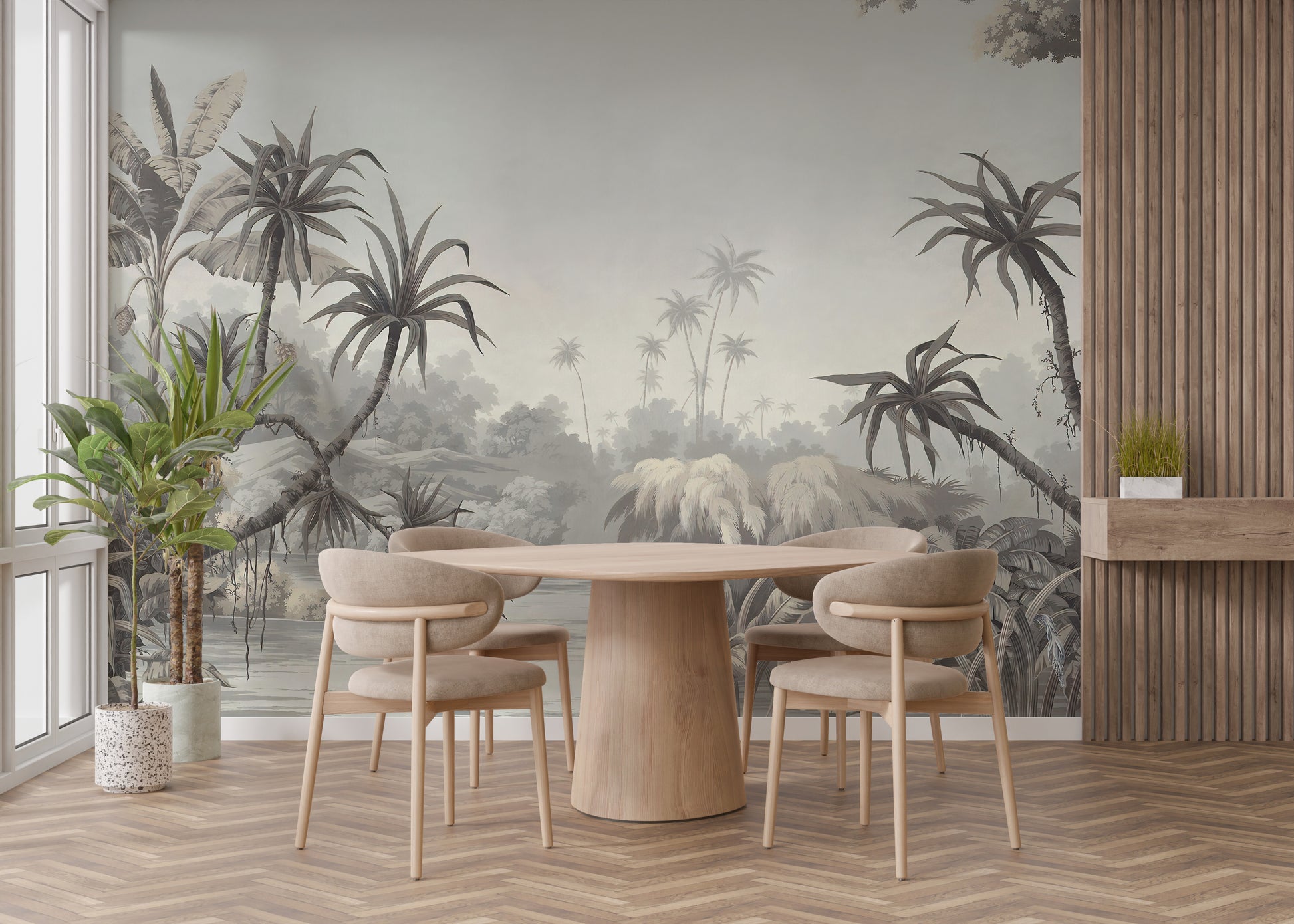 Tranquil palm-lined lake wall mural design
