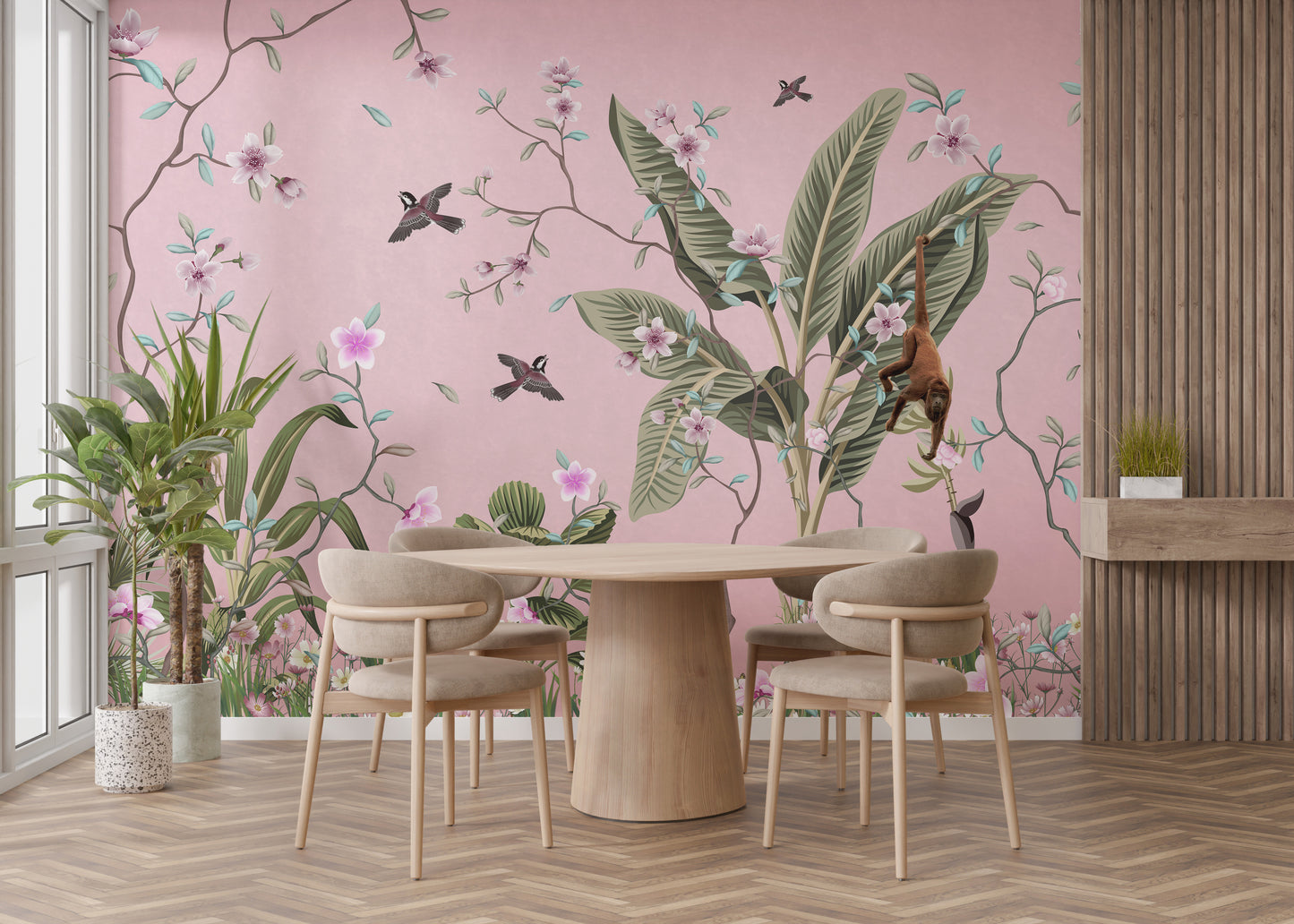 Intricate floral patterns on elegant mural.
