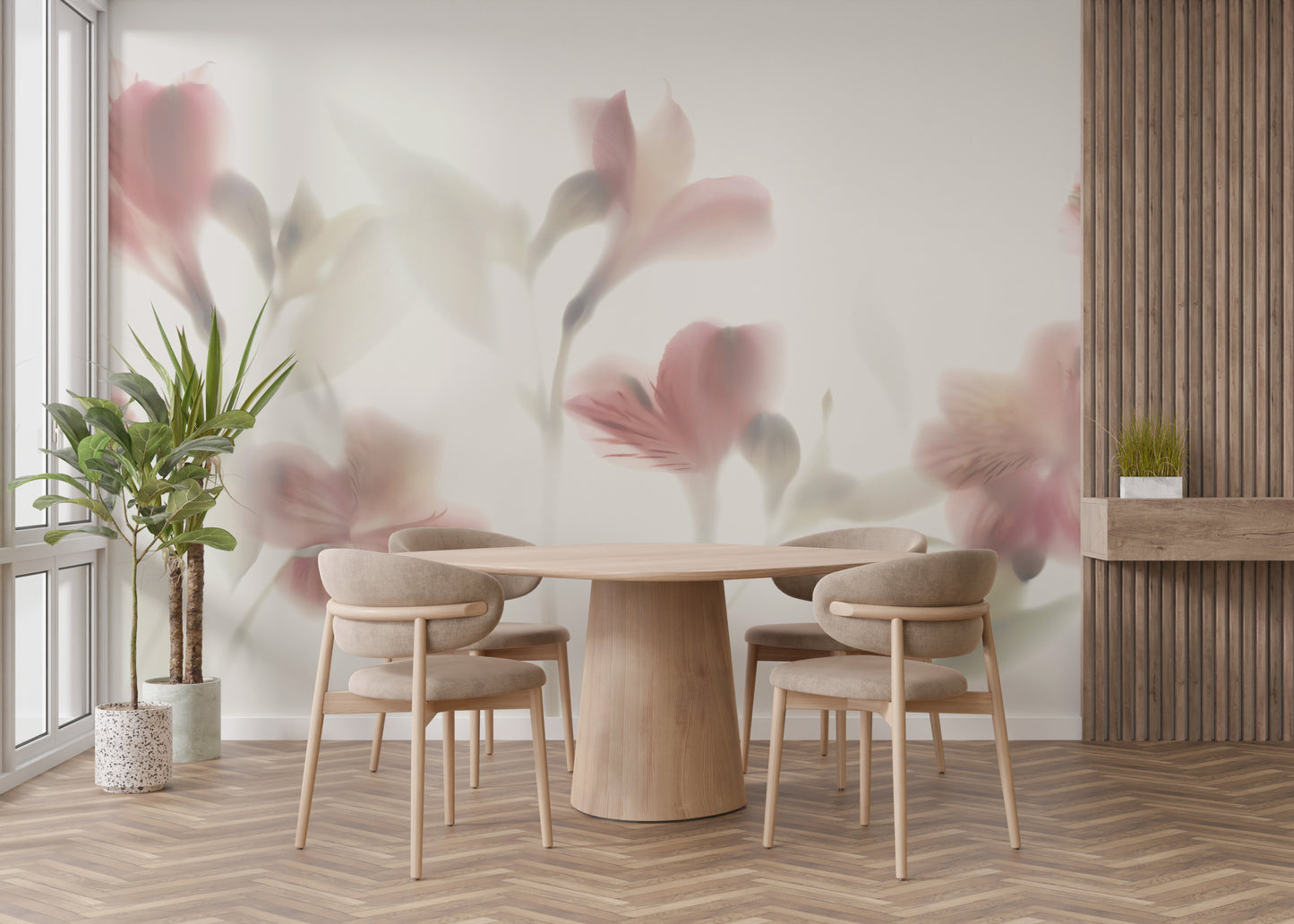 Dreamy pink flower mural for tranquil spaces.
