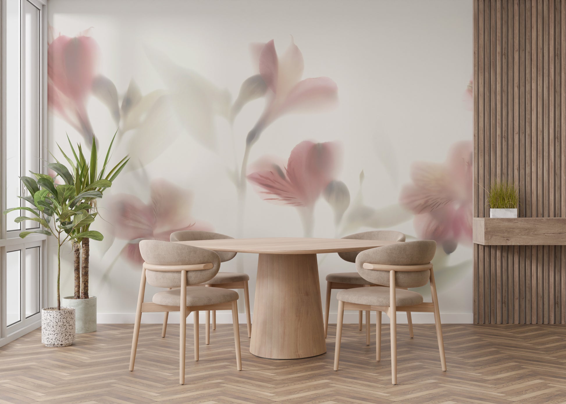 Dreamy pink flower mural for tranquil spaces.
