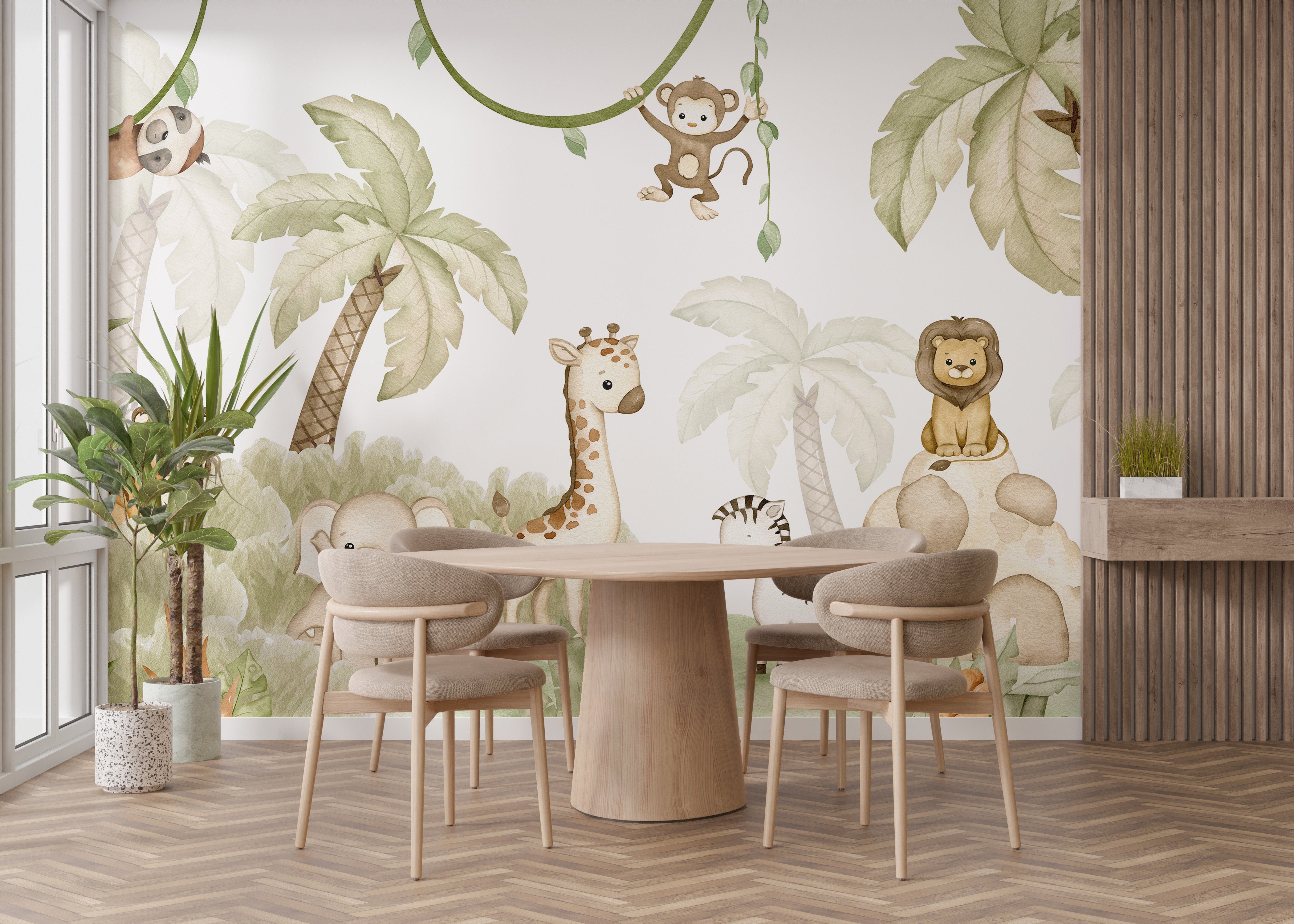 Vibrant mural featuring savannah friends for a playful nursery