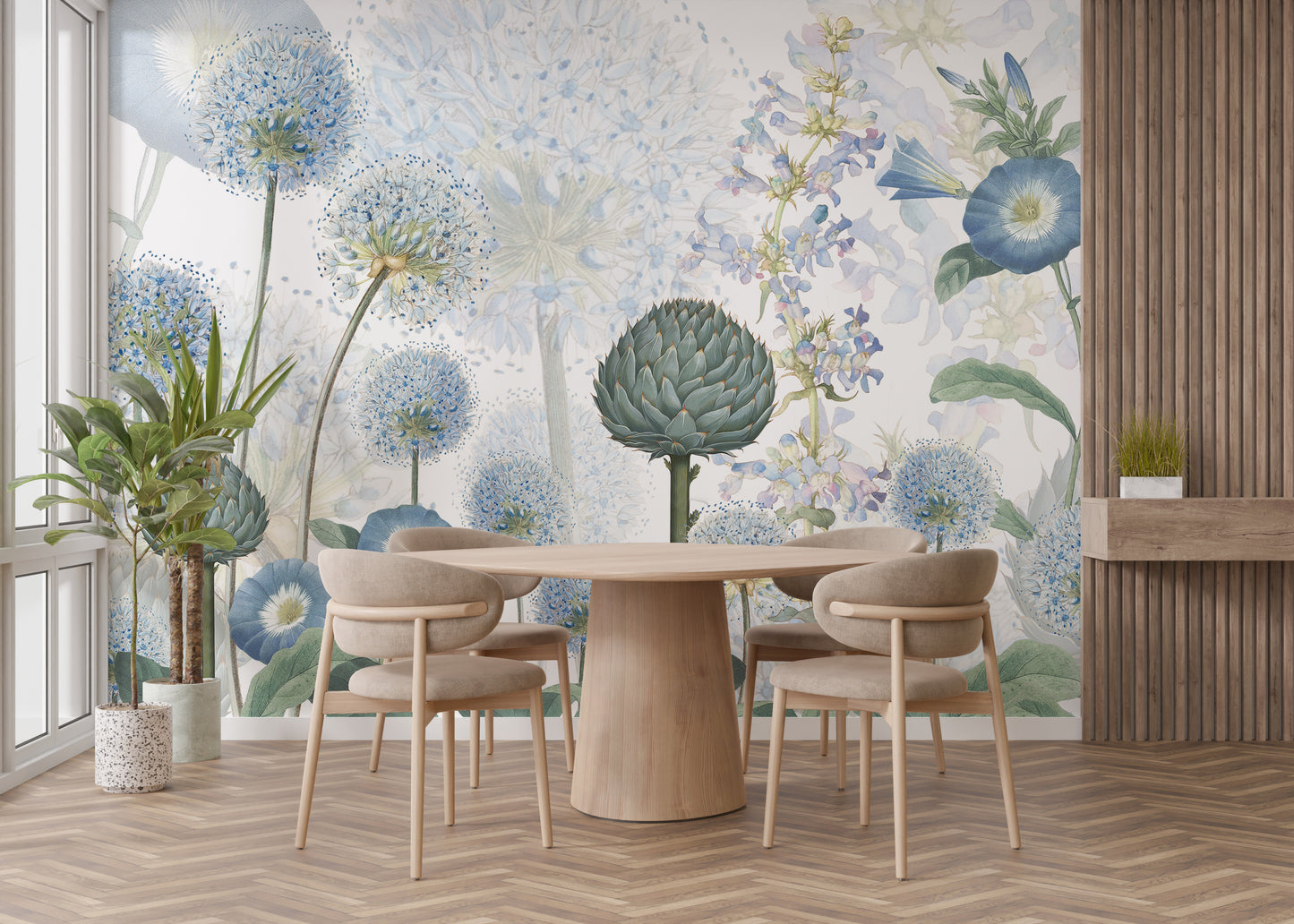 Decorative mural showcasing lush azure-colored flowers
