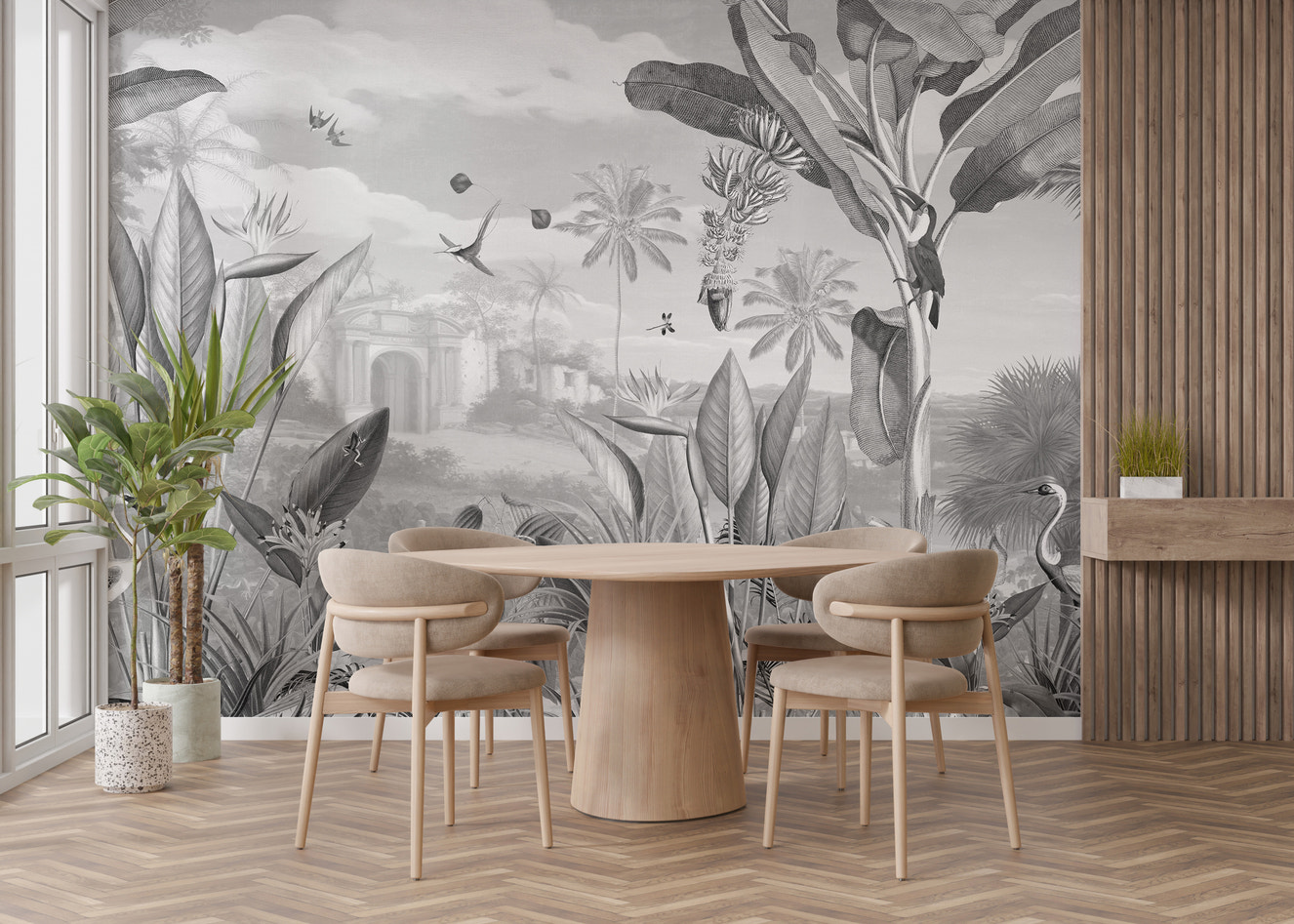 Elegant wall mural featuring a monochrome floral panorama
