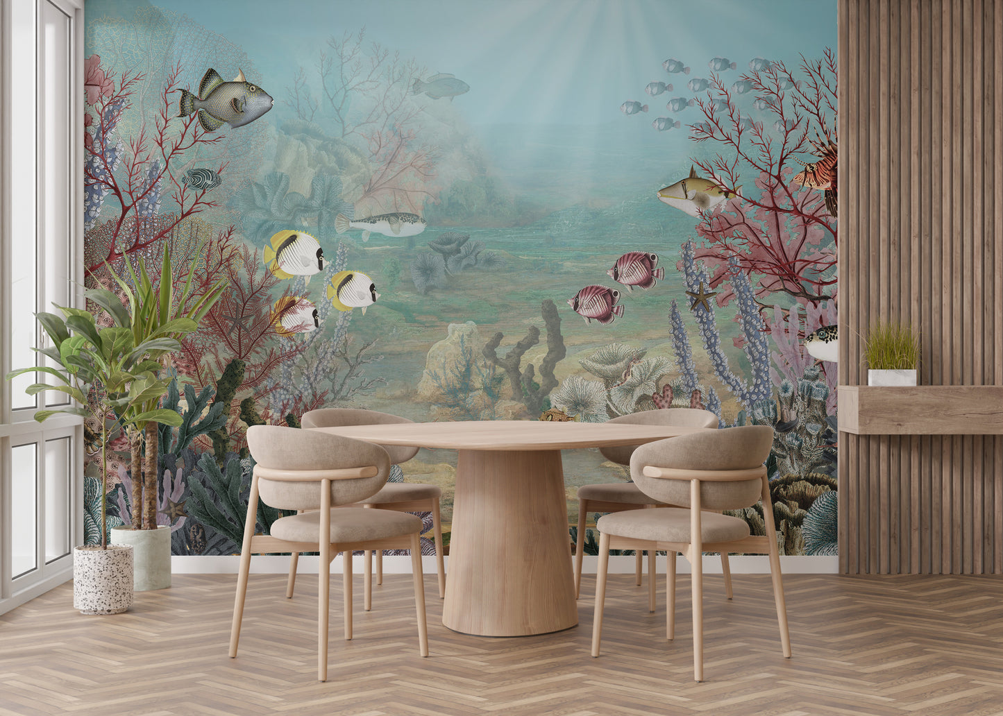 Marine-themed mural with corals and vibrant fish.
