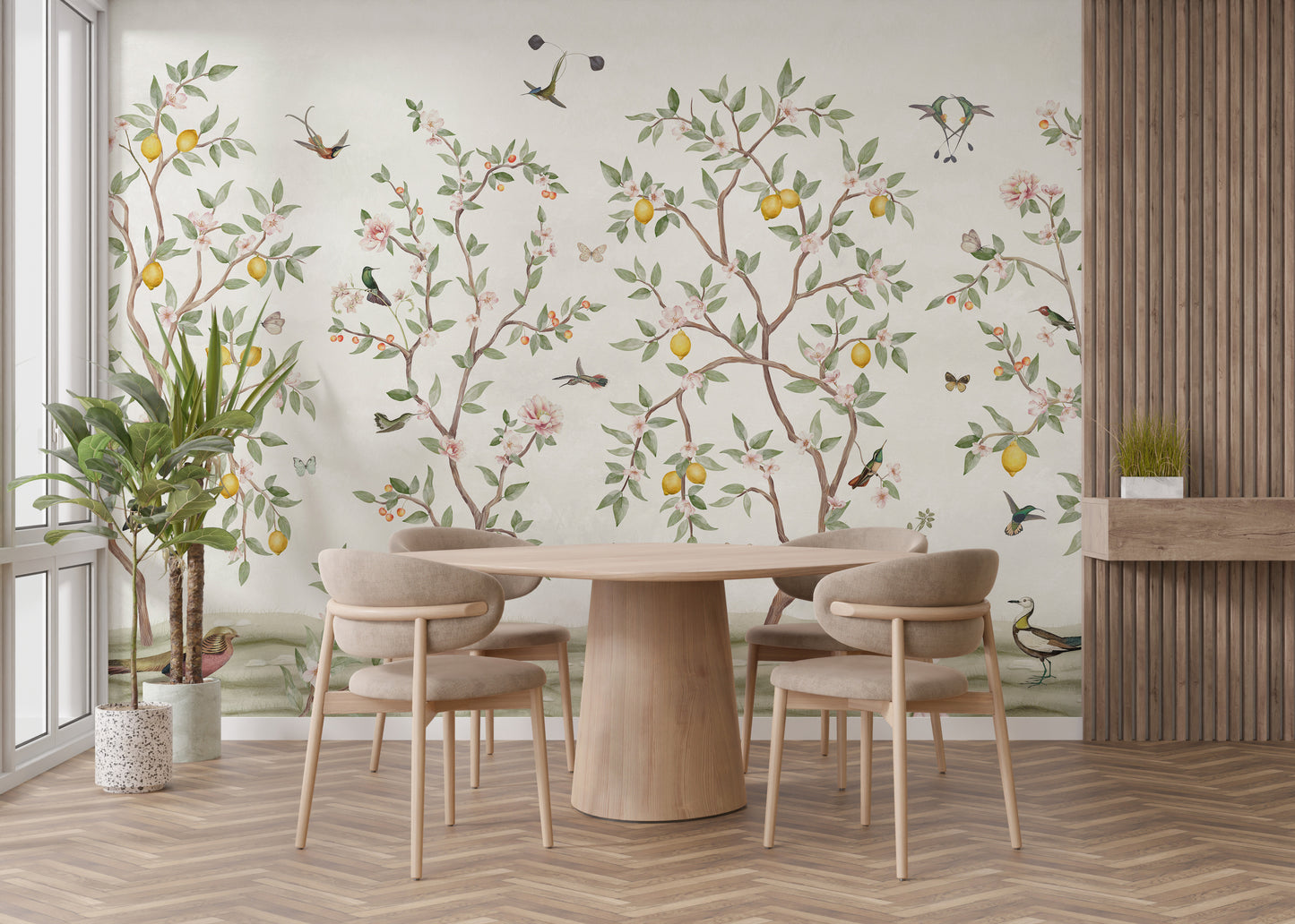 Lemon tree Chinoiserie wallpaper for stylish walls.
