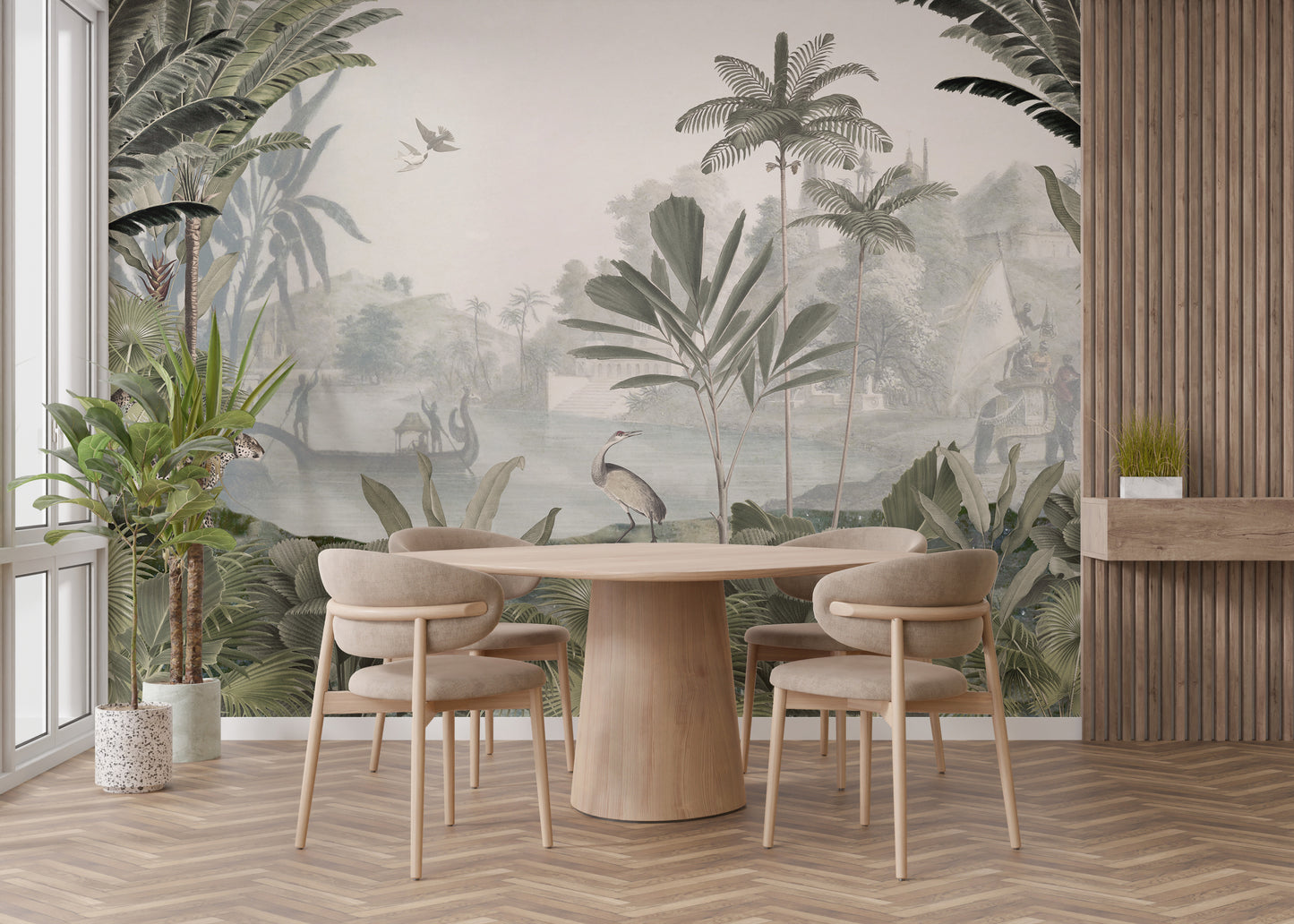 Verdant mural showcasing a serene leopard habitat.
