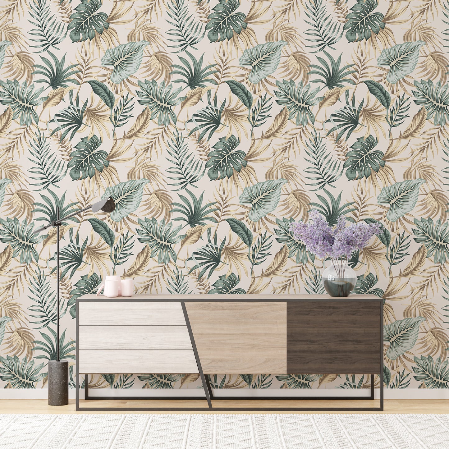 Tropical Green Foliage Palm Leaves Beige Wallpaper