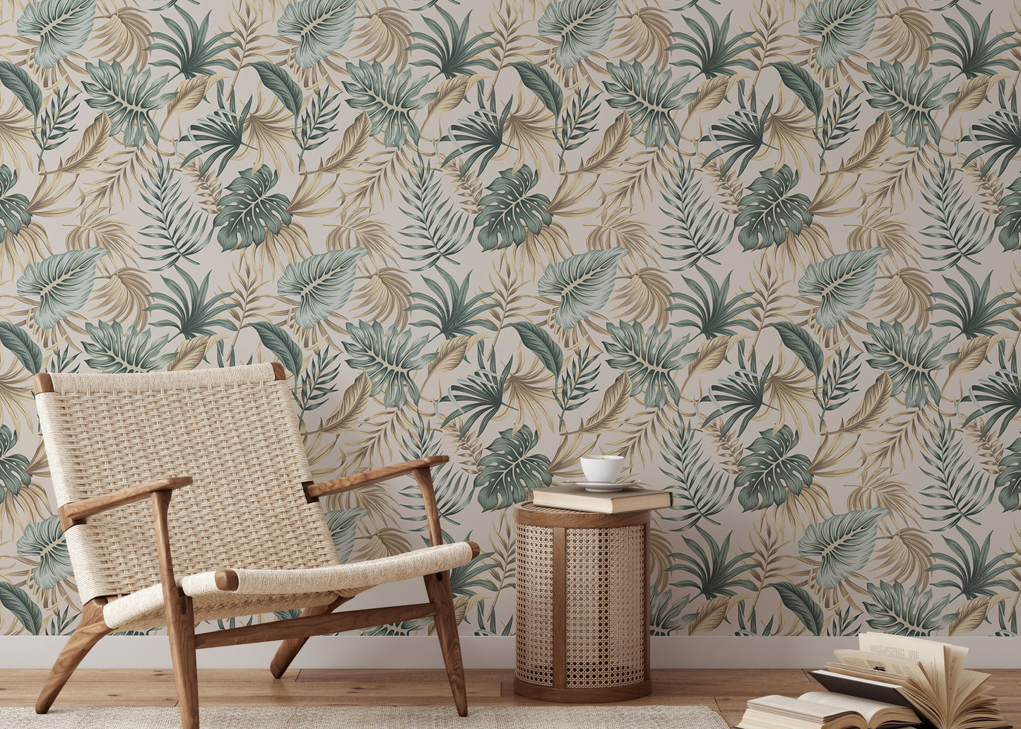 Tropical Green Foliage Palm Leaves Beige Wallpaper