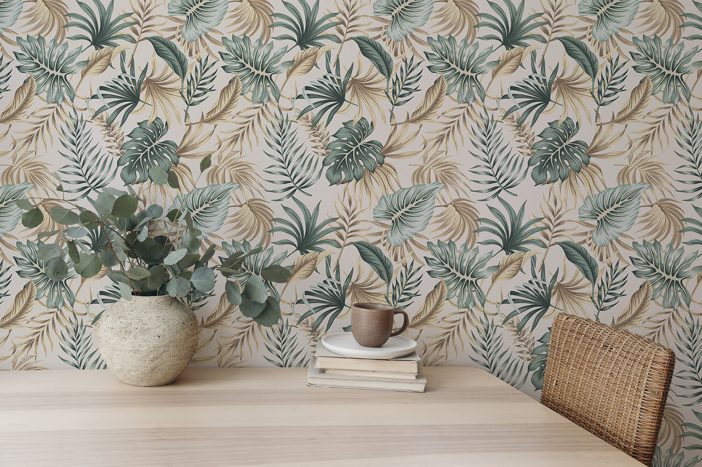 Tropical Green Foliage Palm Leaves Beige Wallpaper