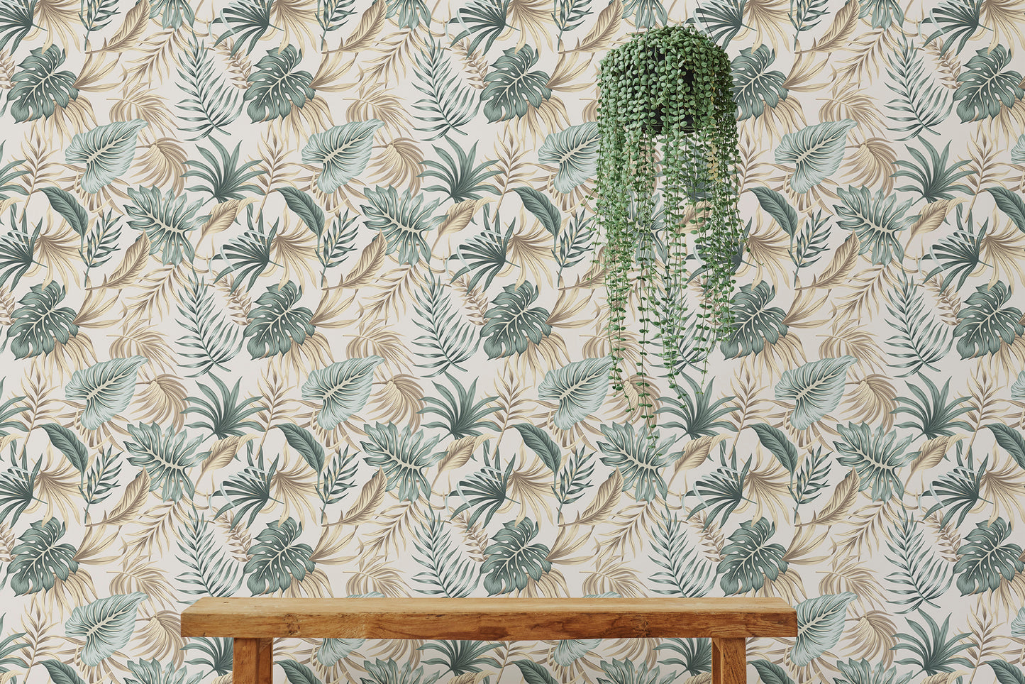 Tropical Green Foliage Palm Leaves Beige Wallpaper