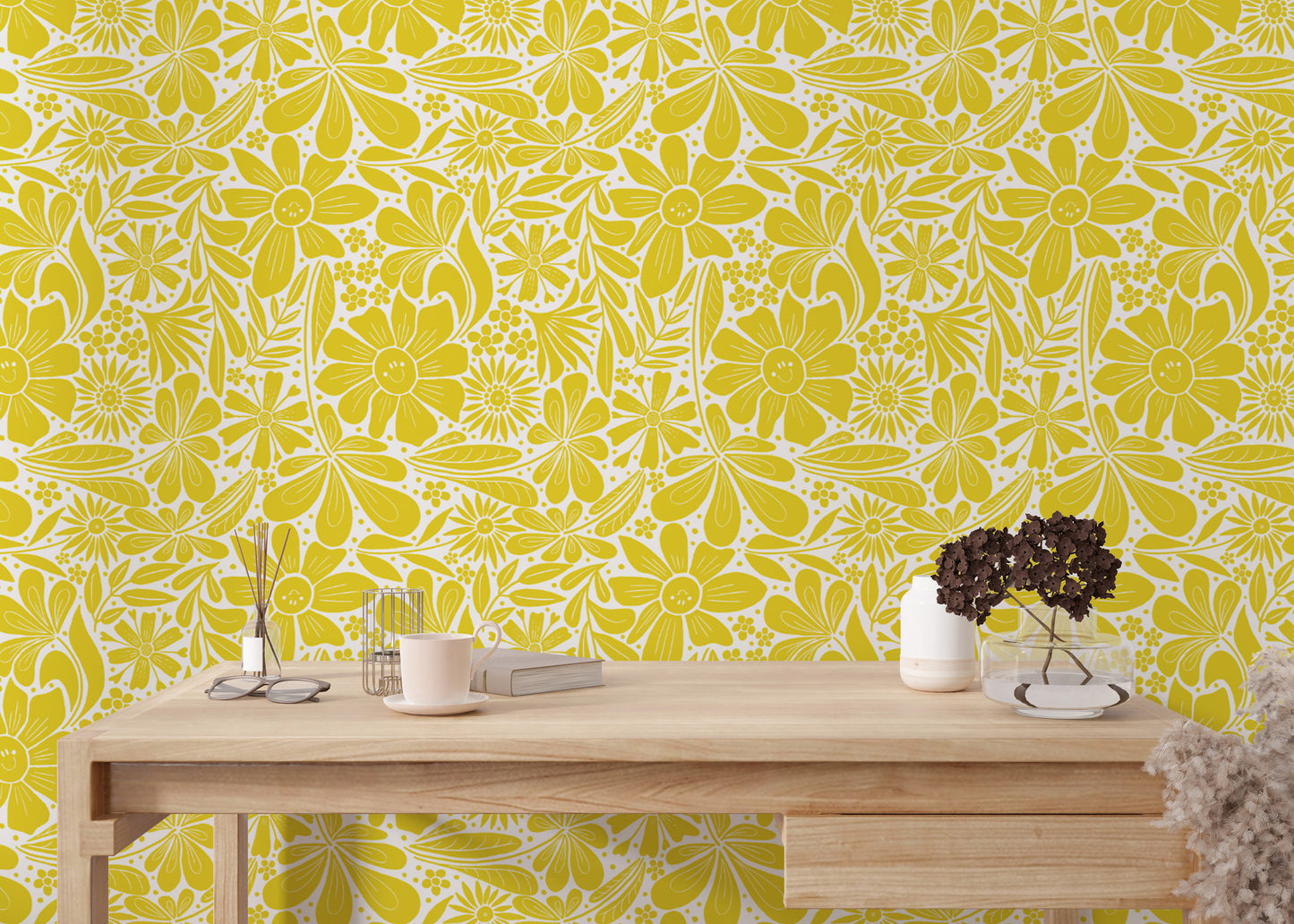 Stylish yellow wallpaper with cheerful flower designs
