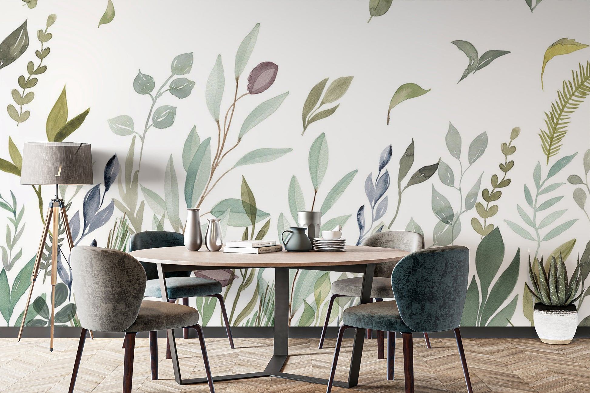 Subtle green leaves in watercolor style on mural
