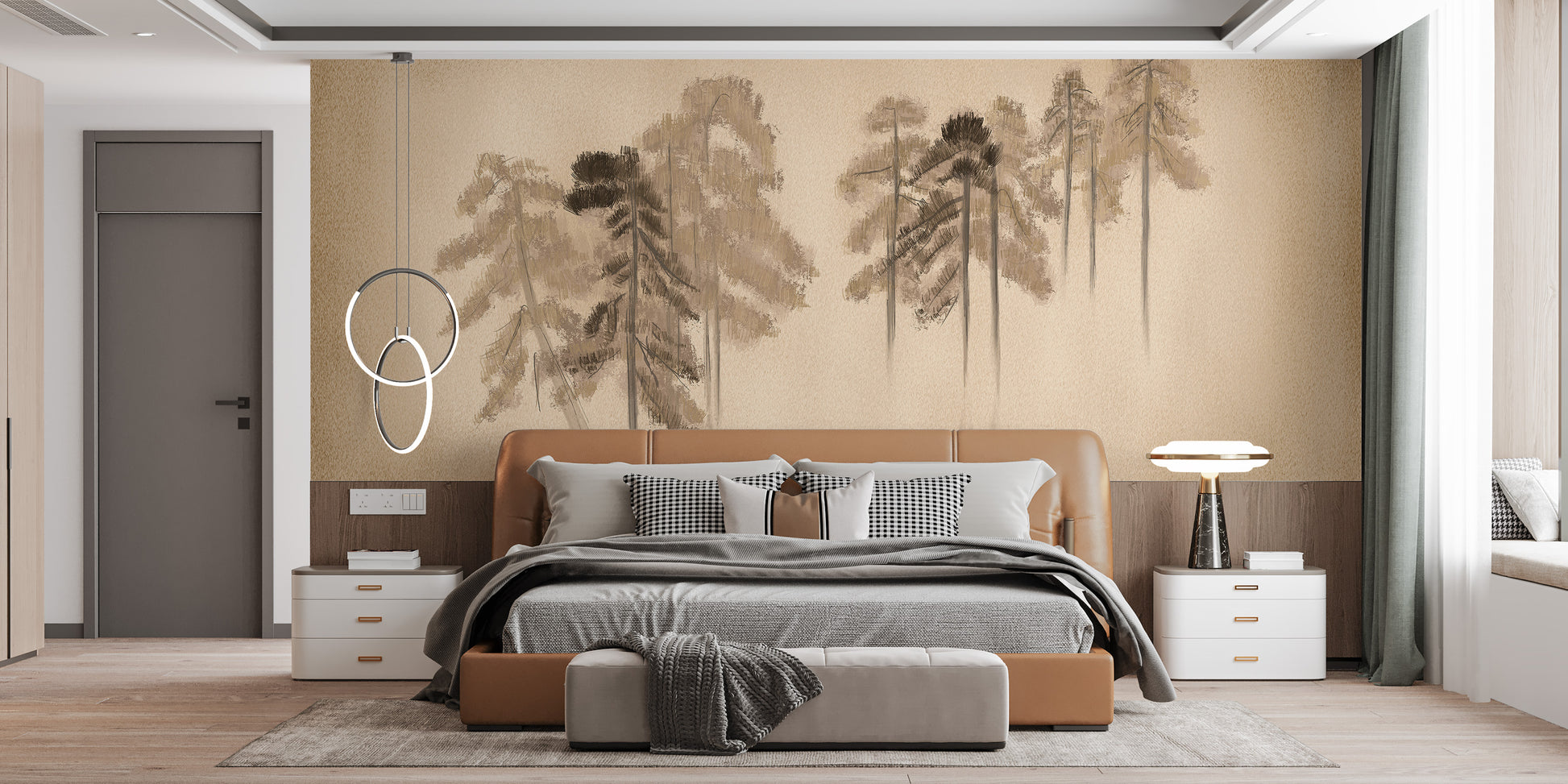 Serene pine grove mural for calm decor
