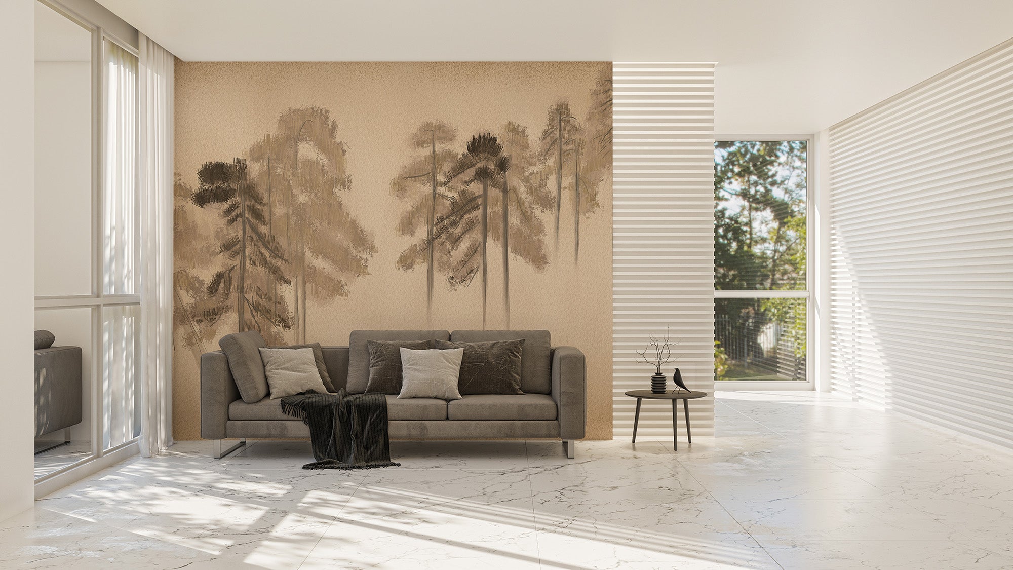 Tranquil pine forest mural enhances walls
