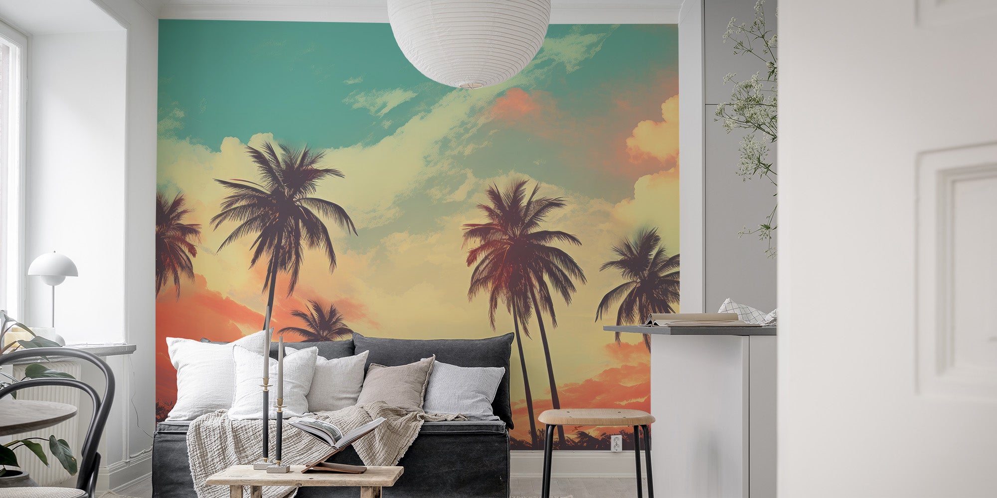 Coastal sunset with palms wall covering
