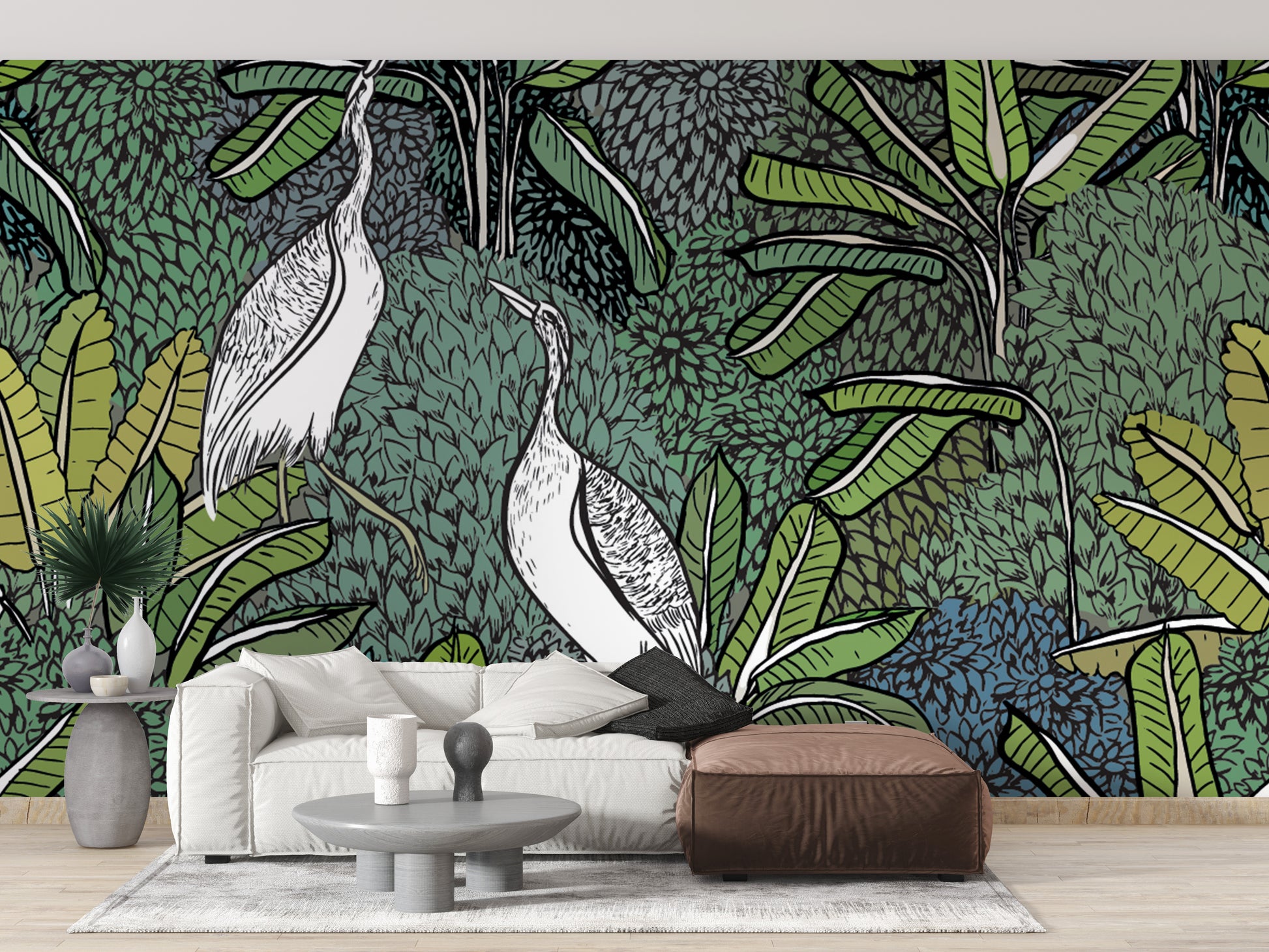 Green tropical mural wallpaper with cranes
