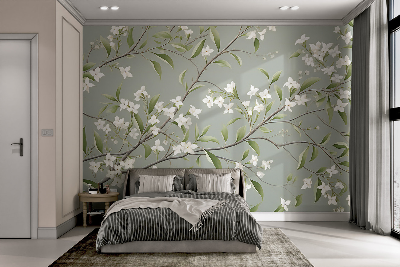 Botanical chinoiserie wall mural with delicate blossoms
