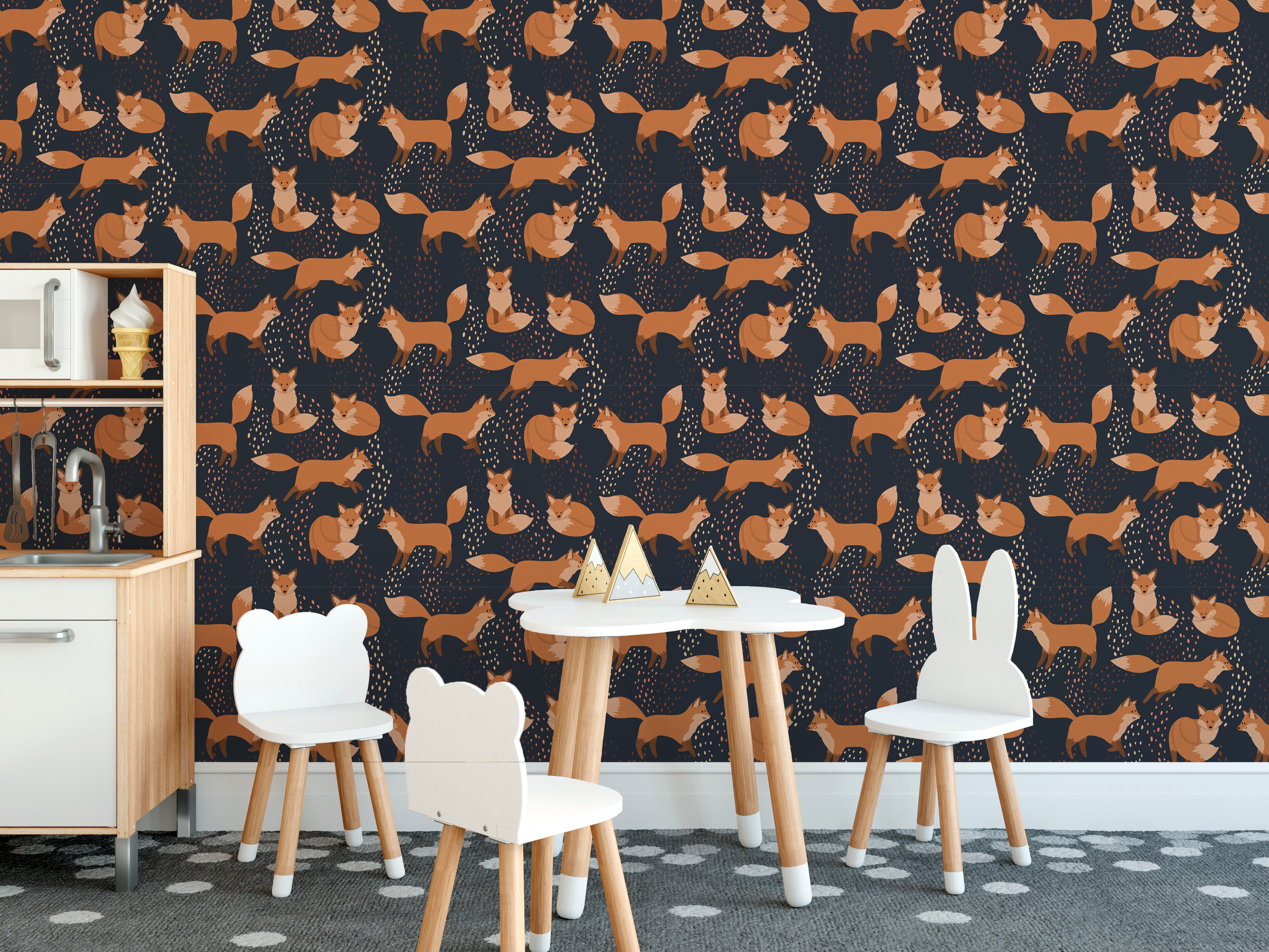 Fun orange foxes art wallpaper mural
