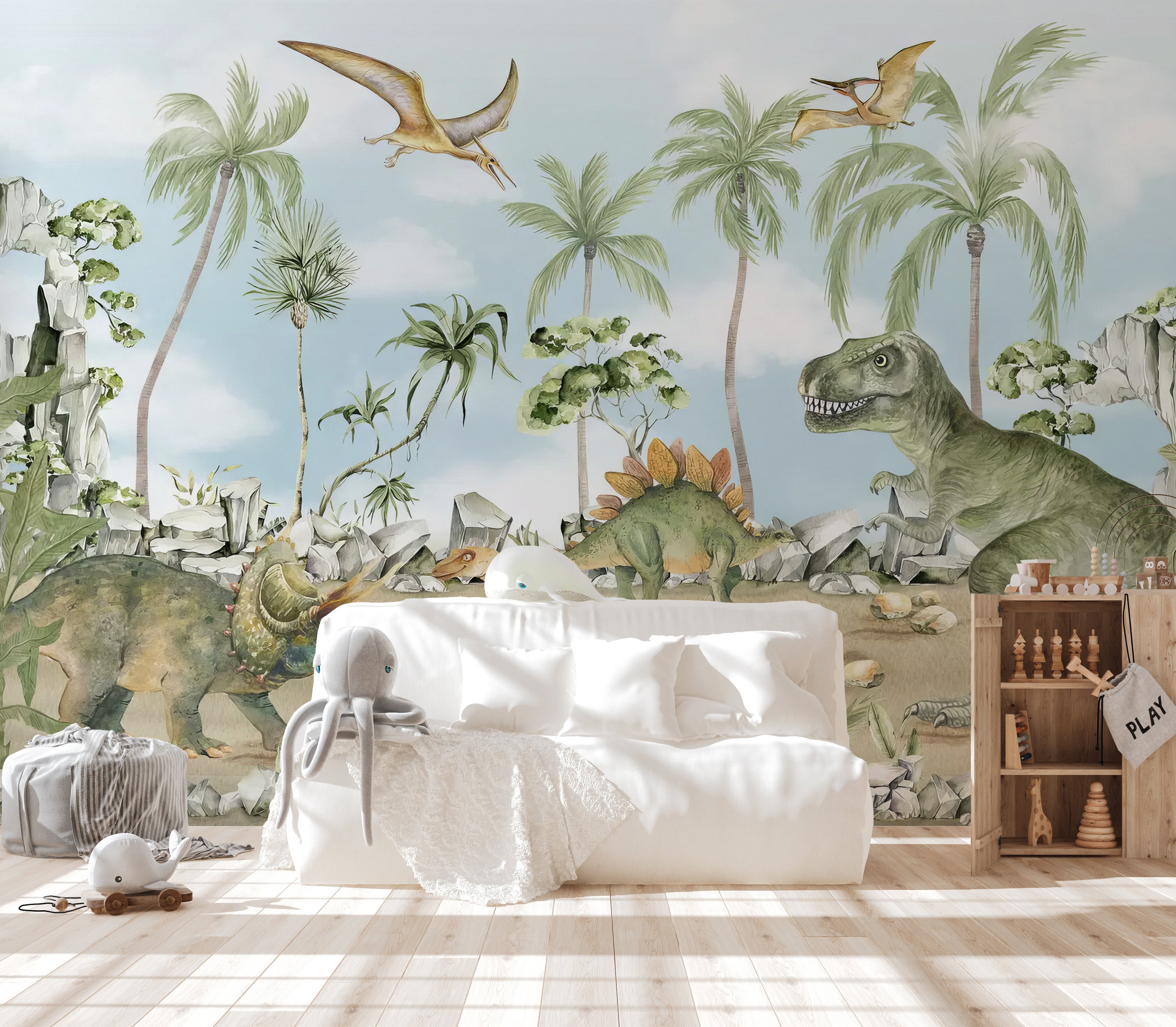 Bright and fun dinosaur mural for kids' creative spaces
