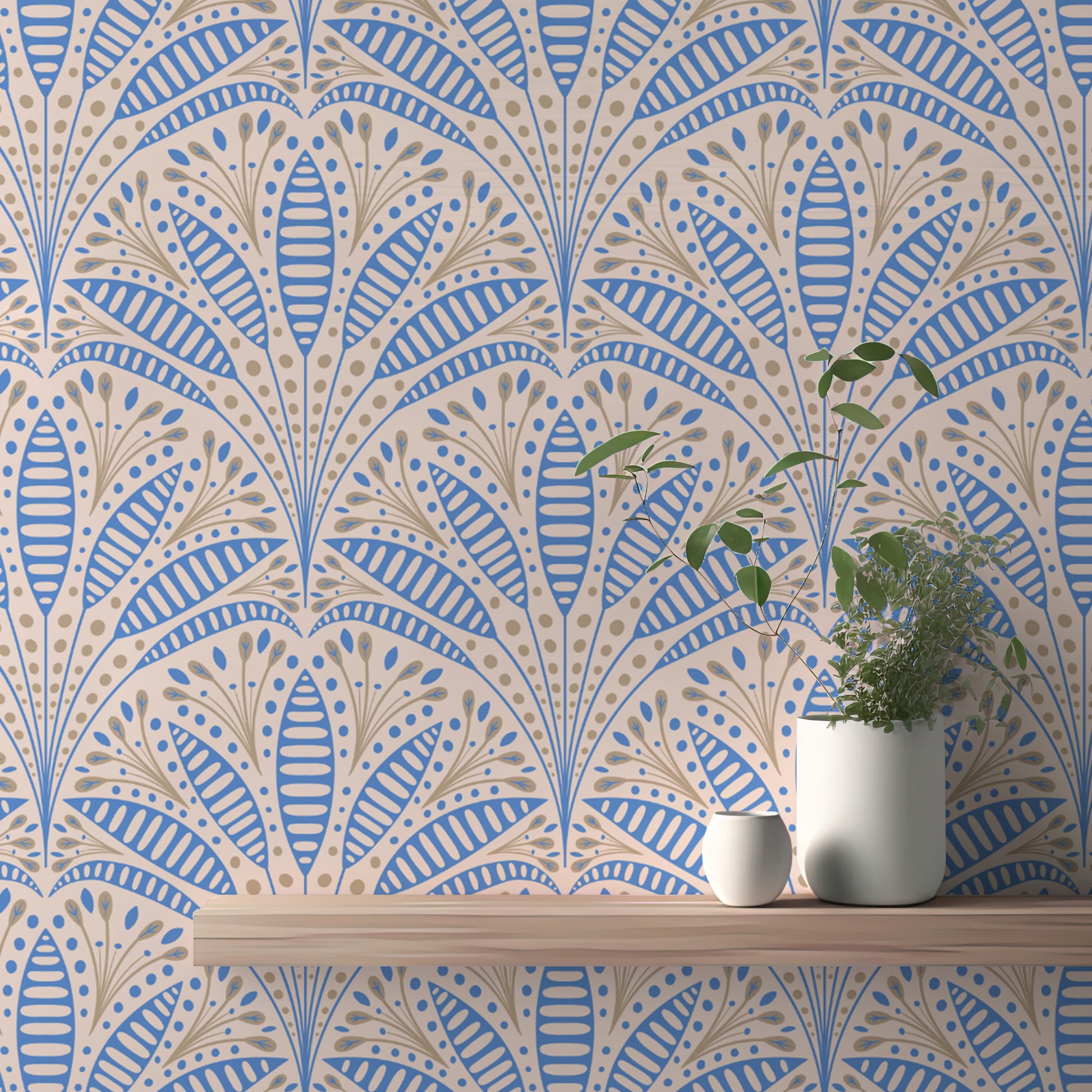 Blue palm design wallpaper for an Art Deco-inspired decor
